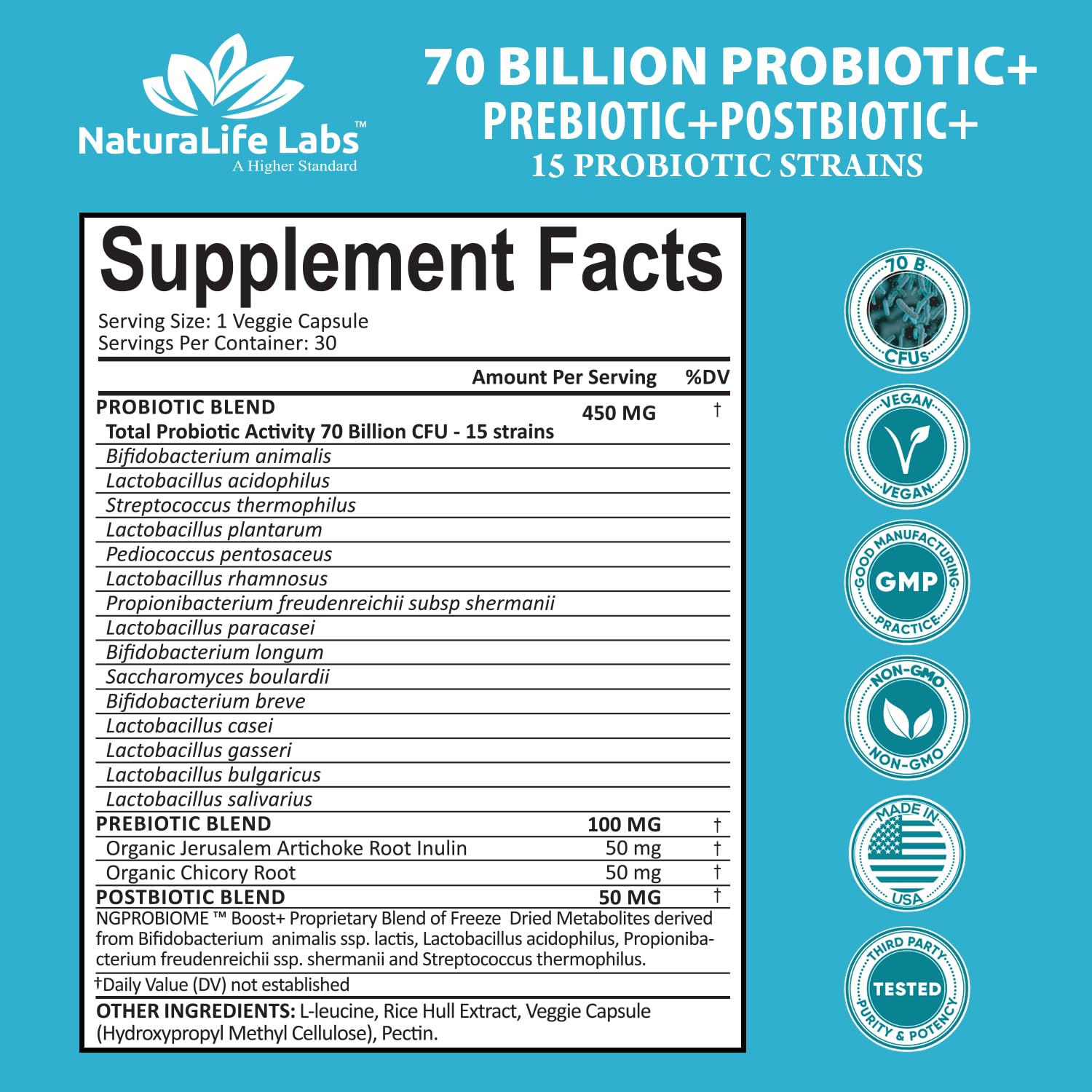 NaturaLife Probiotics 70B CFU – 15 Strains | 3-in-1 Formula – 30 Vegan Capsules