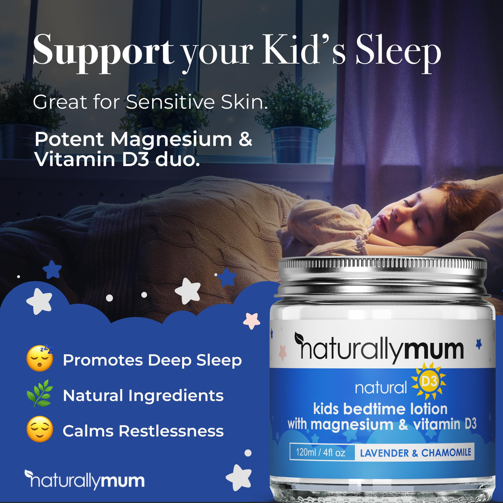 NaturallyMum Kids Magnesium Bedtime Lotion with Vitamin D - Sleep Support (Lavender & Chamomile) 4.2 oz