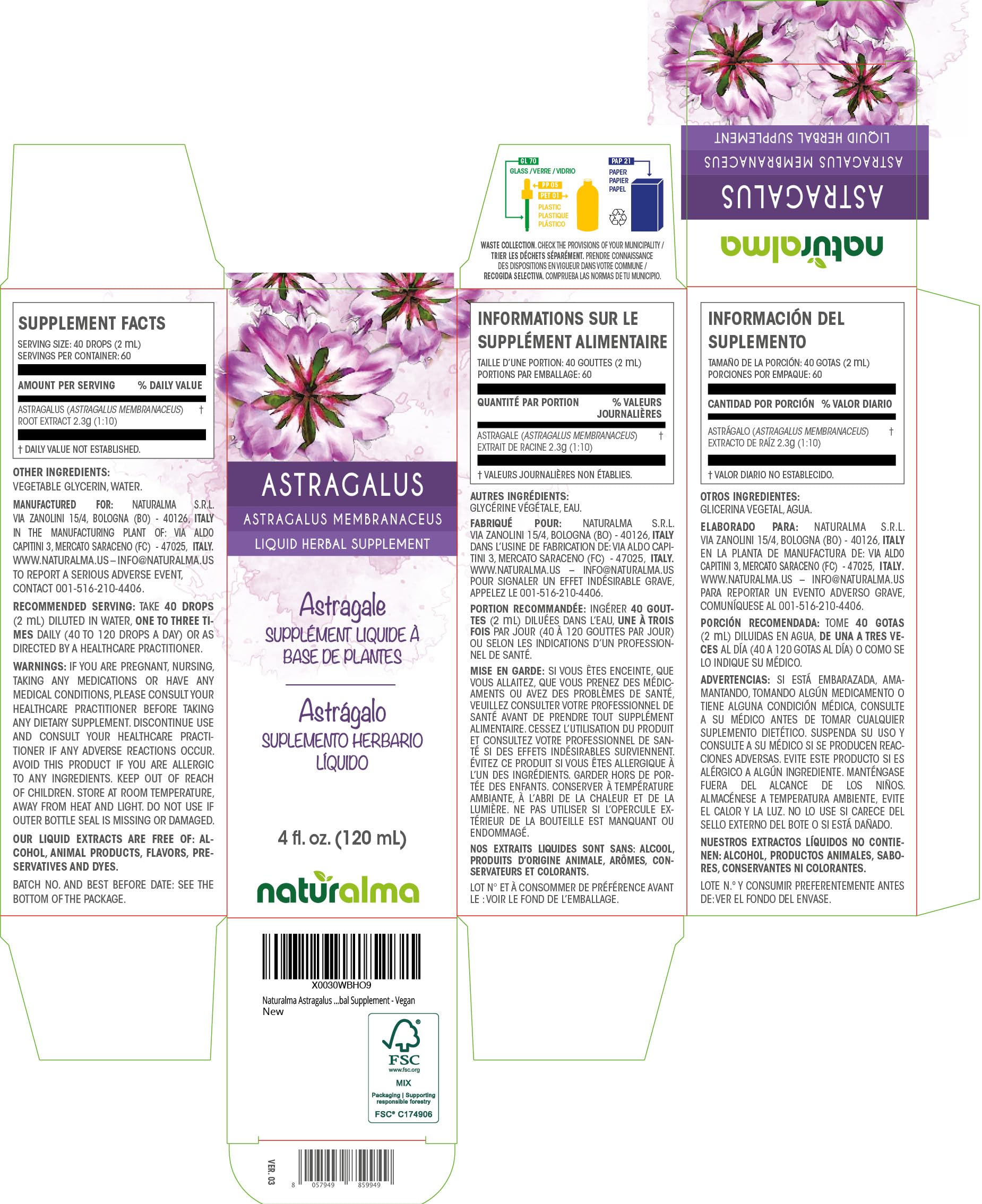Naturalma Astragalus Root Alcohol-Free Tincture - 4 fl oz | Vegan Liquid Extract