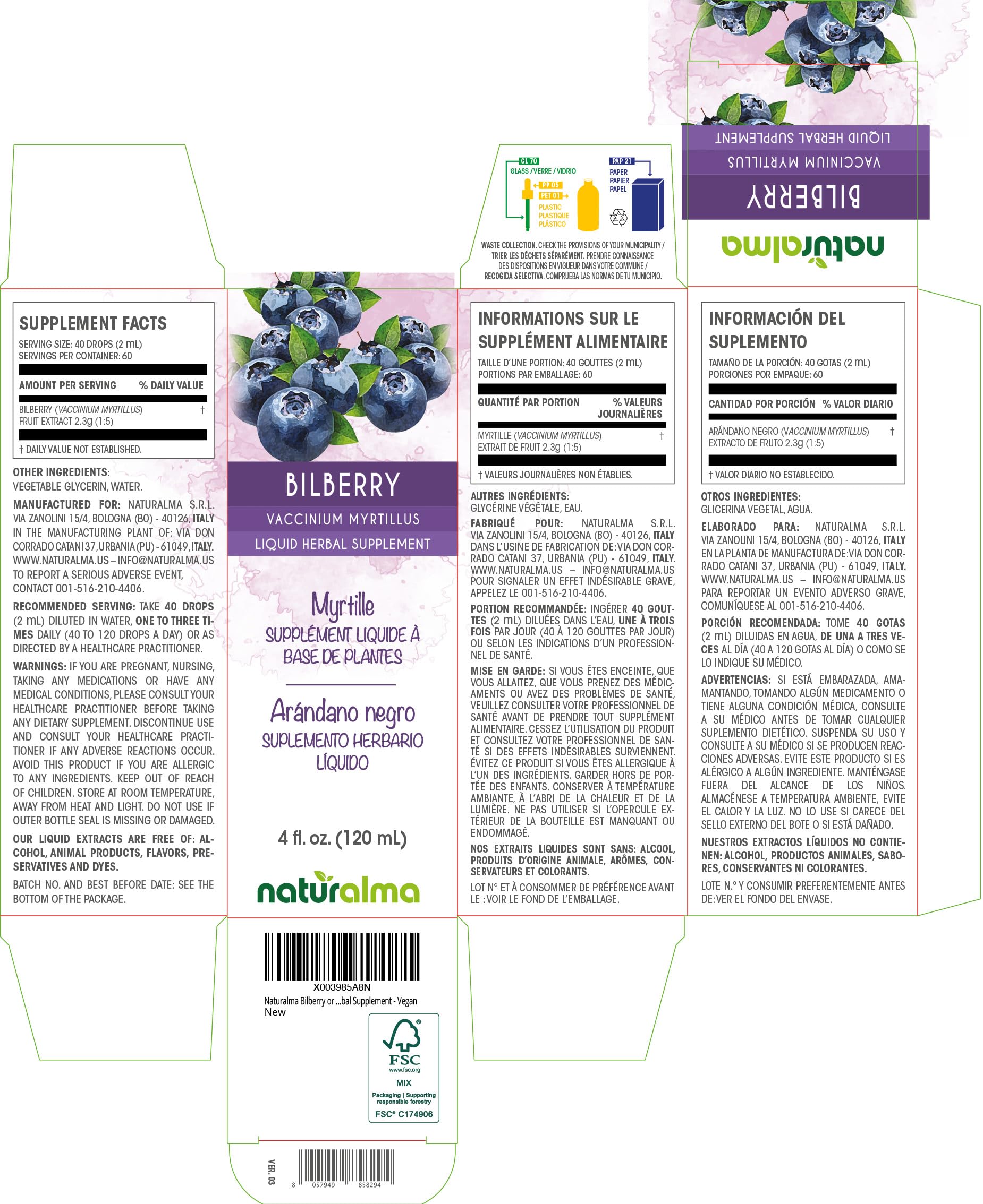Naturalma Bilberry Tincture 4 fl oz – Alcohol-Free, Vegan