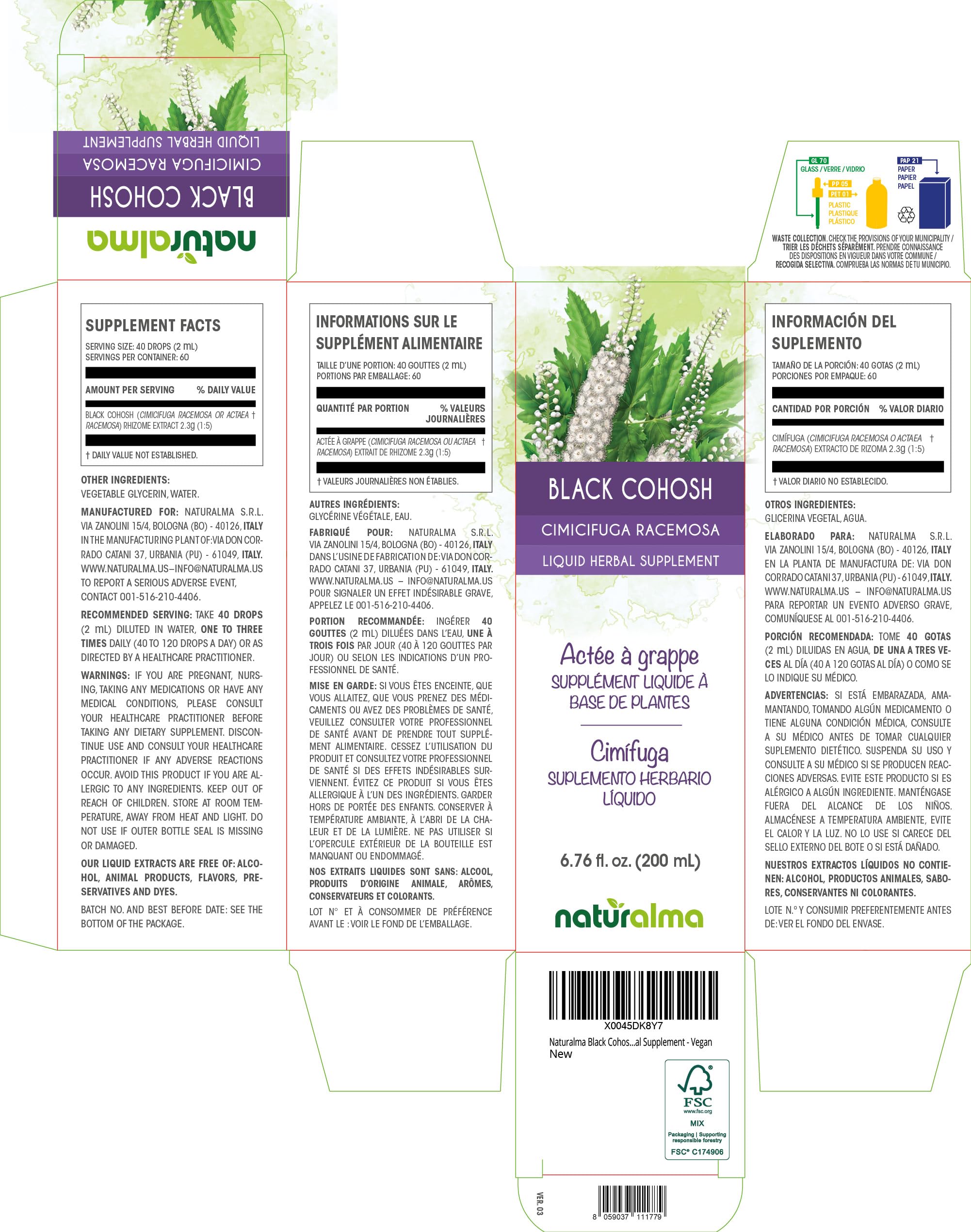 Naturalma Black Cohosh Rhizome Tincture 1:5 Alcohol-Free – 6.76 fl oz – Vegan