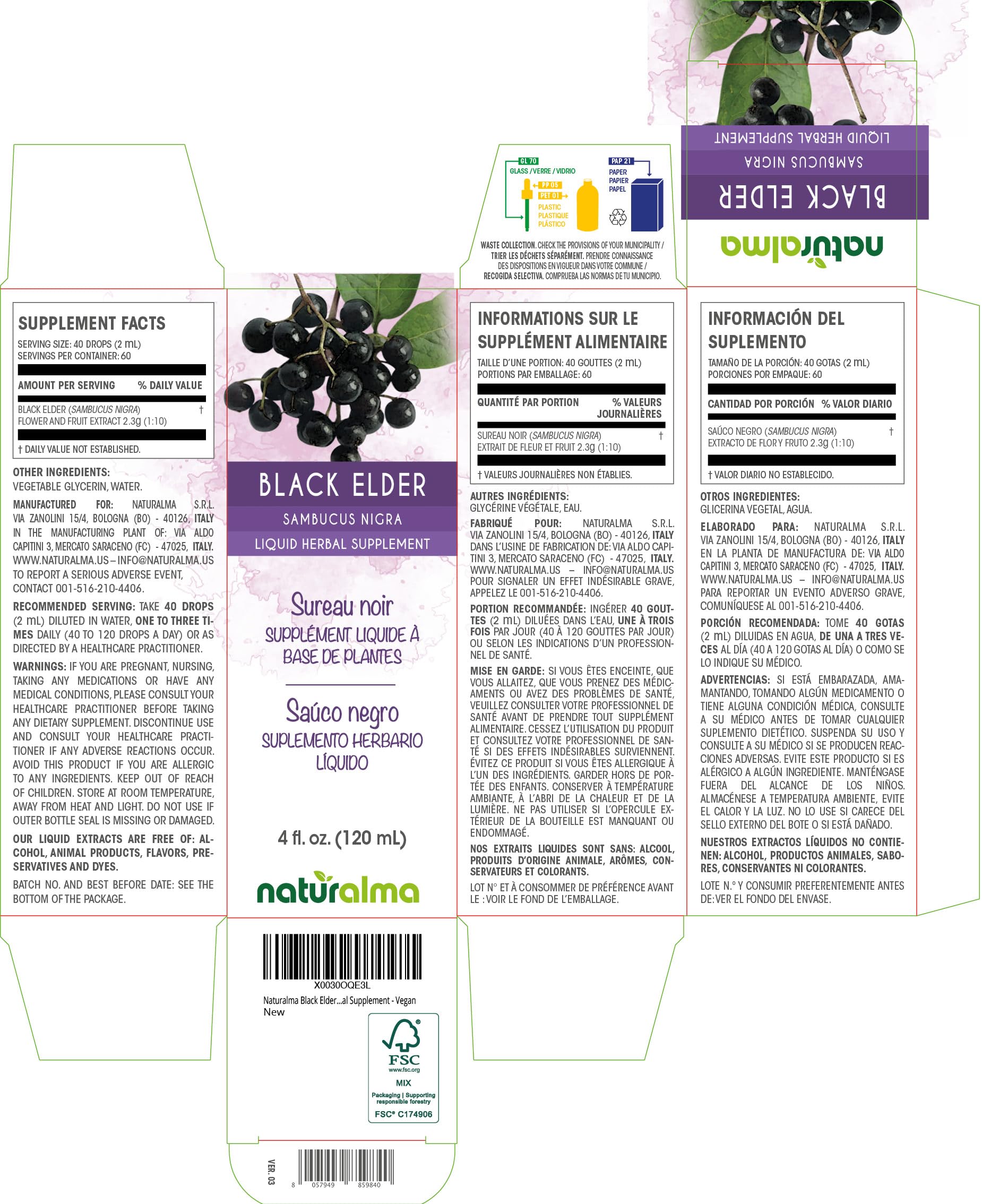 Naturalma Black Elder Tincture – Elderflower and Elderberry, Alcohol-Free, Vegan, 4 oz
