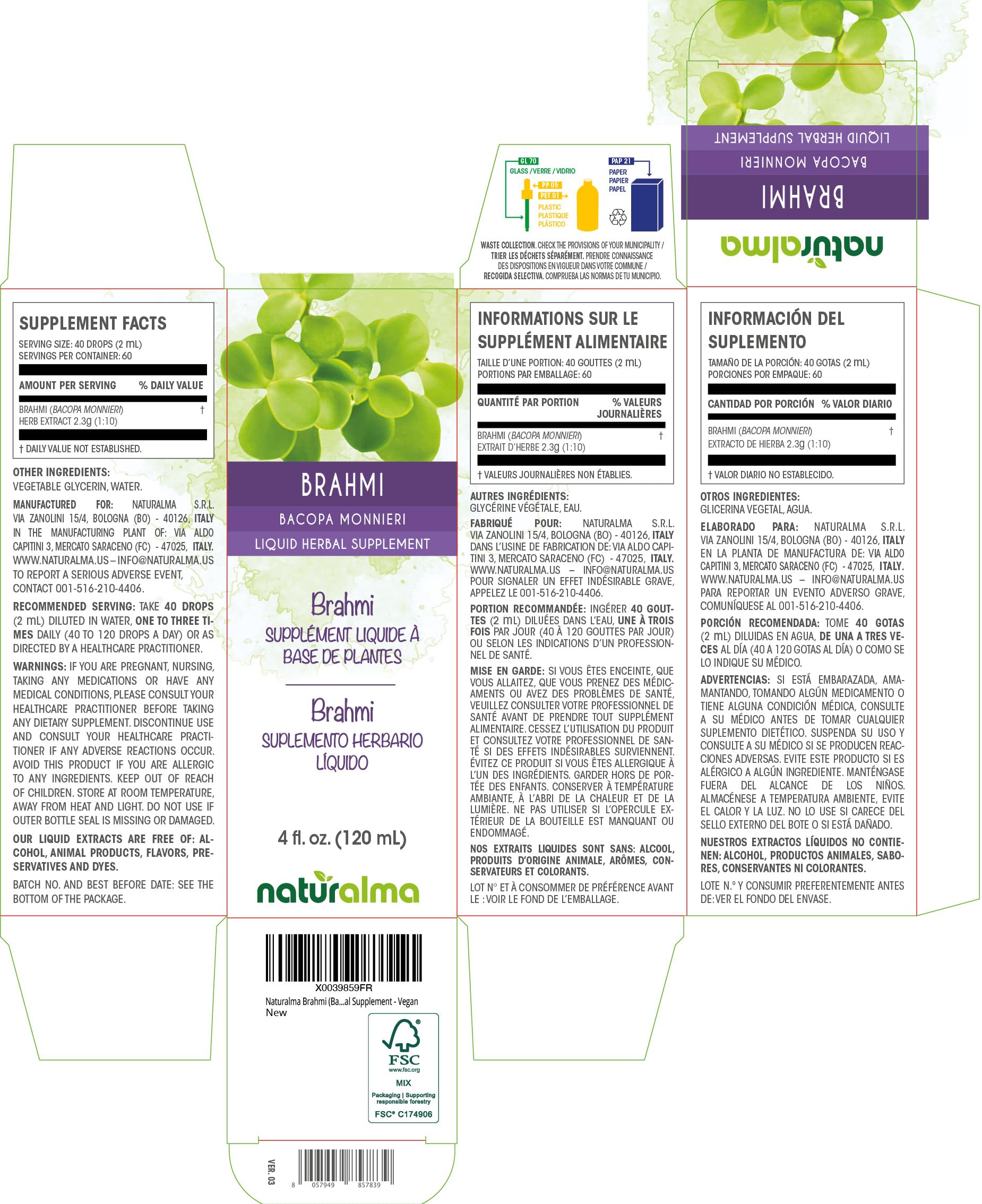 Naturalma Brahmi Tincture (Bacopa monnieri) Alcohol-Free - 4 oz Drops - Vegan