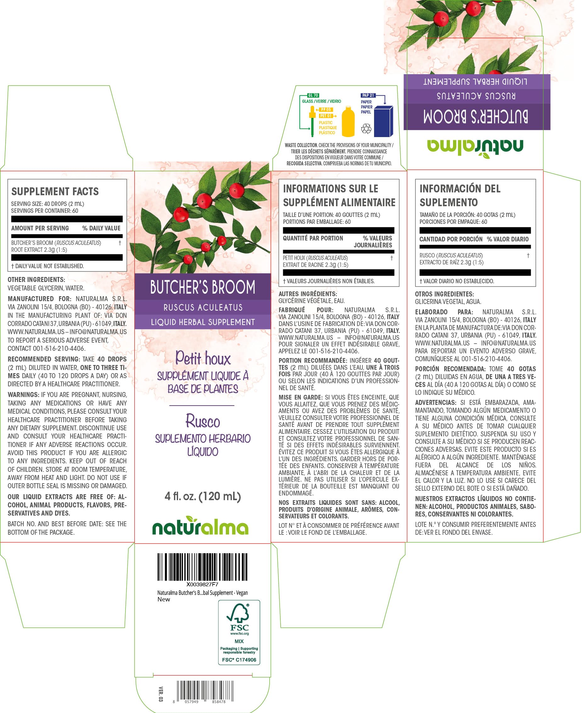 Naturalma Butcher's Broom Root Tincture - Alcohol-Free Drops, 4 oz | Vegan, Made in Italy