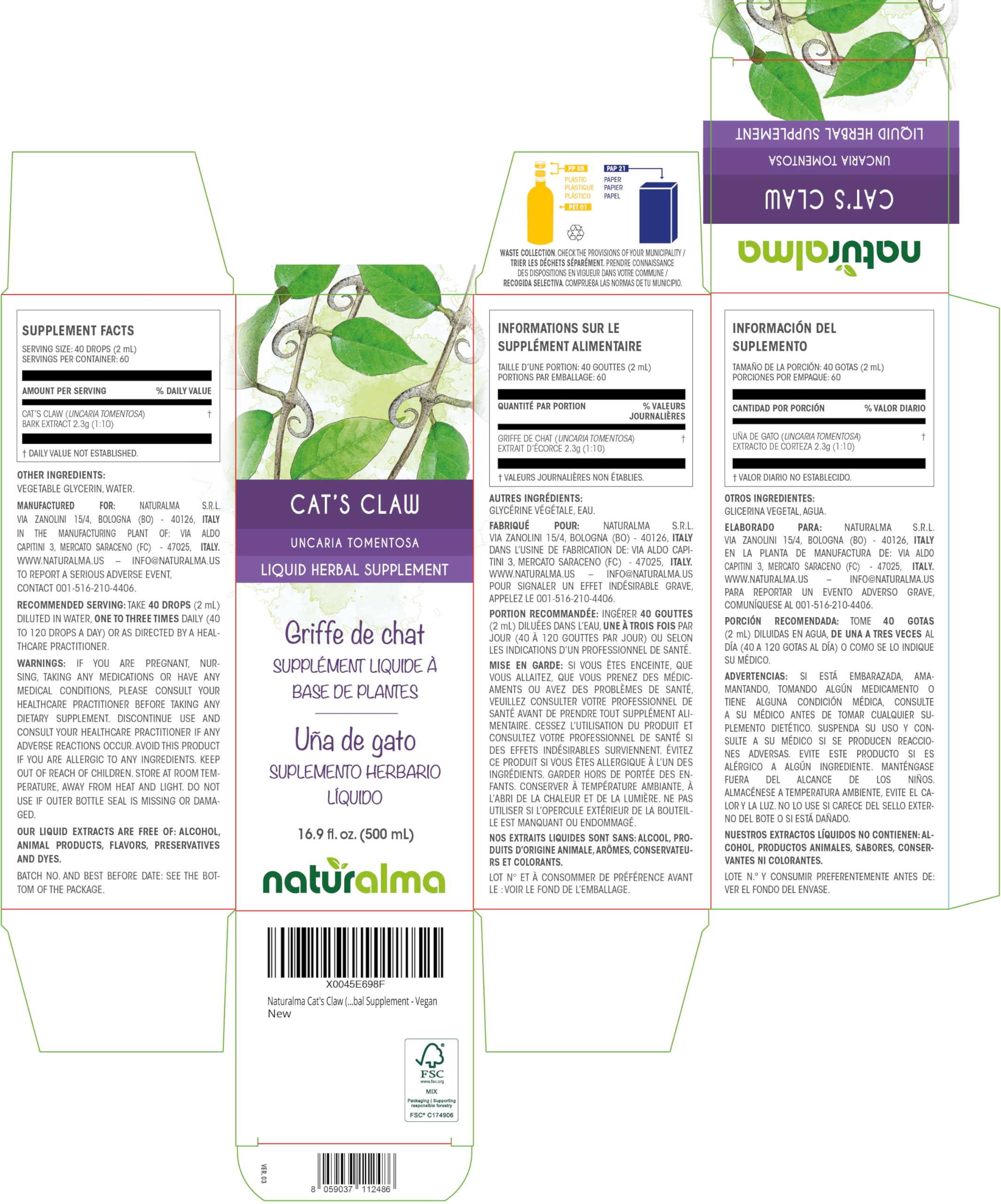 Naturalma Cat's Claw Bark Tincture (Uncaria tomentosa) - Alcohol-Free, 16.9 fl oz, Vegan