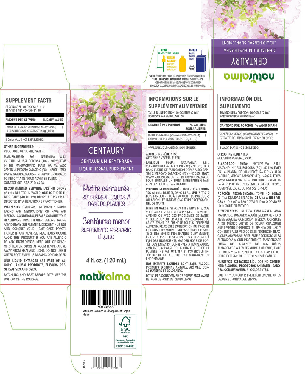 Naturalma Centaury Alcohol-Free Tincture (Centaurium erythraea) - 4 fl oz Drops - Herbal Supplement - Vegan - Made in Italy