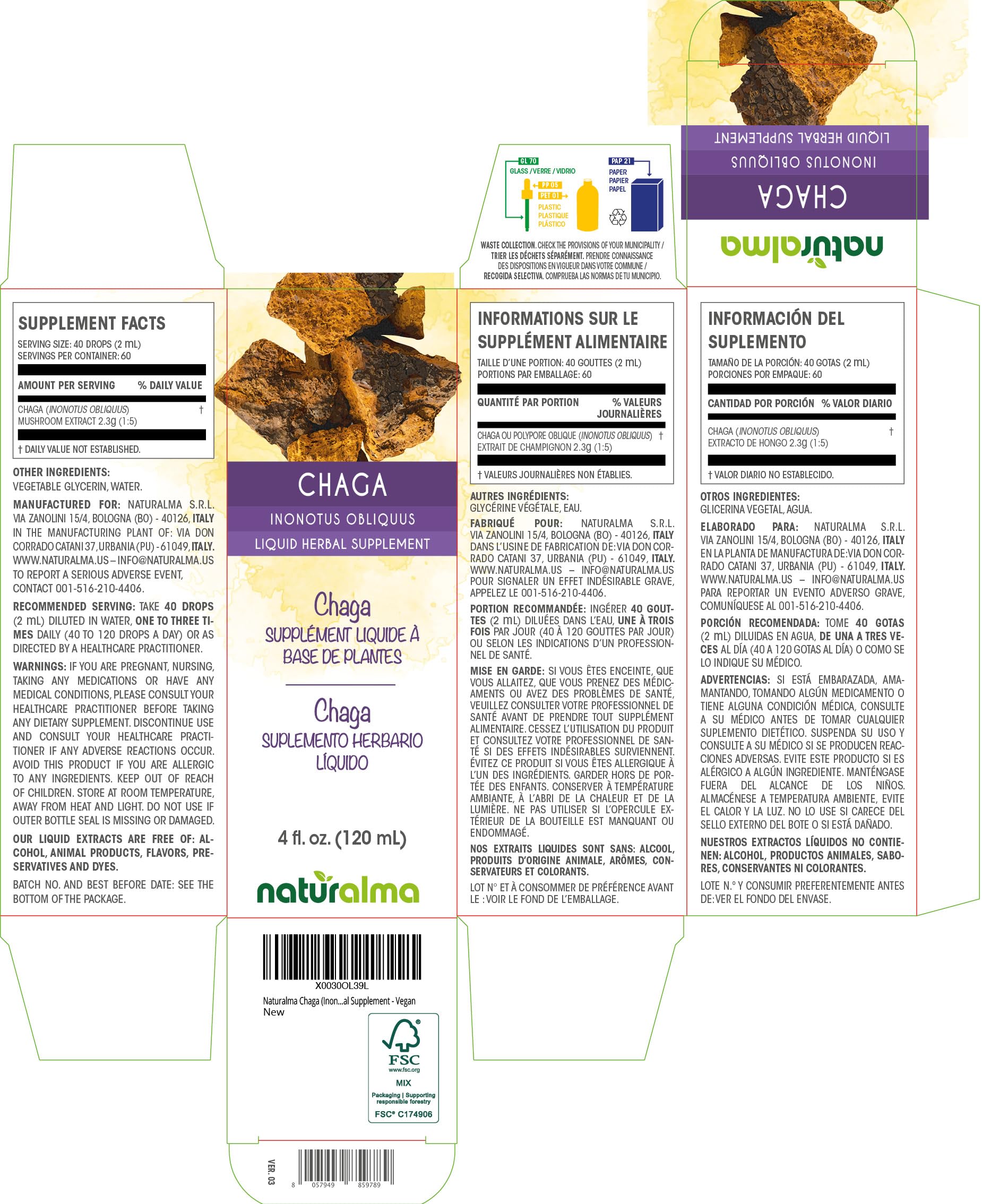 Naturalma Chaga Alcohol-Free Tincture – 4 fl oz Drops | Vegan