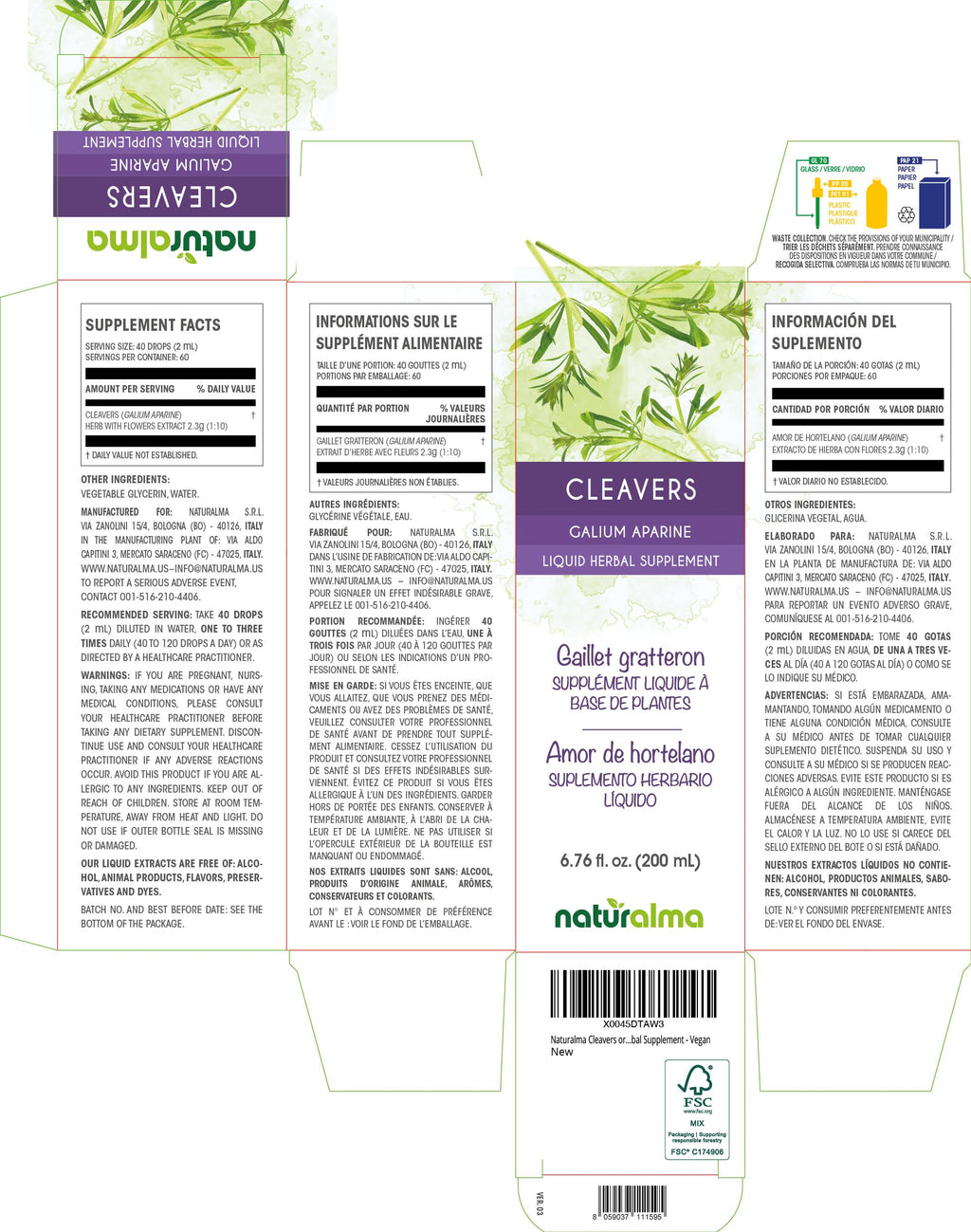 Naturalma Cleavers (Galium aparine) Alcohol-Free Tincture – 6.76 fl oz, Vegan