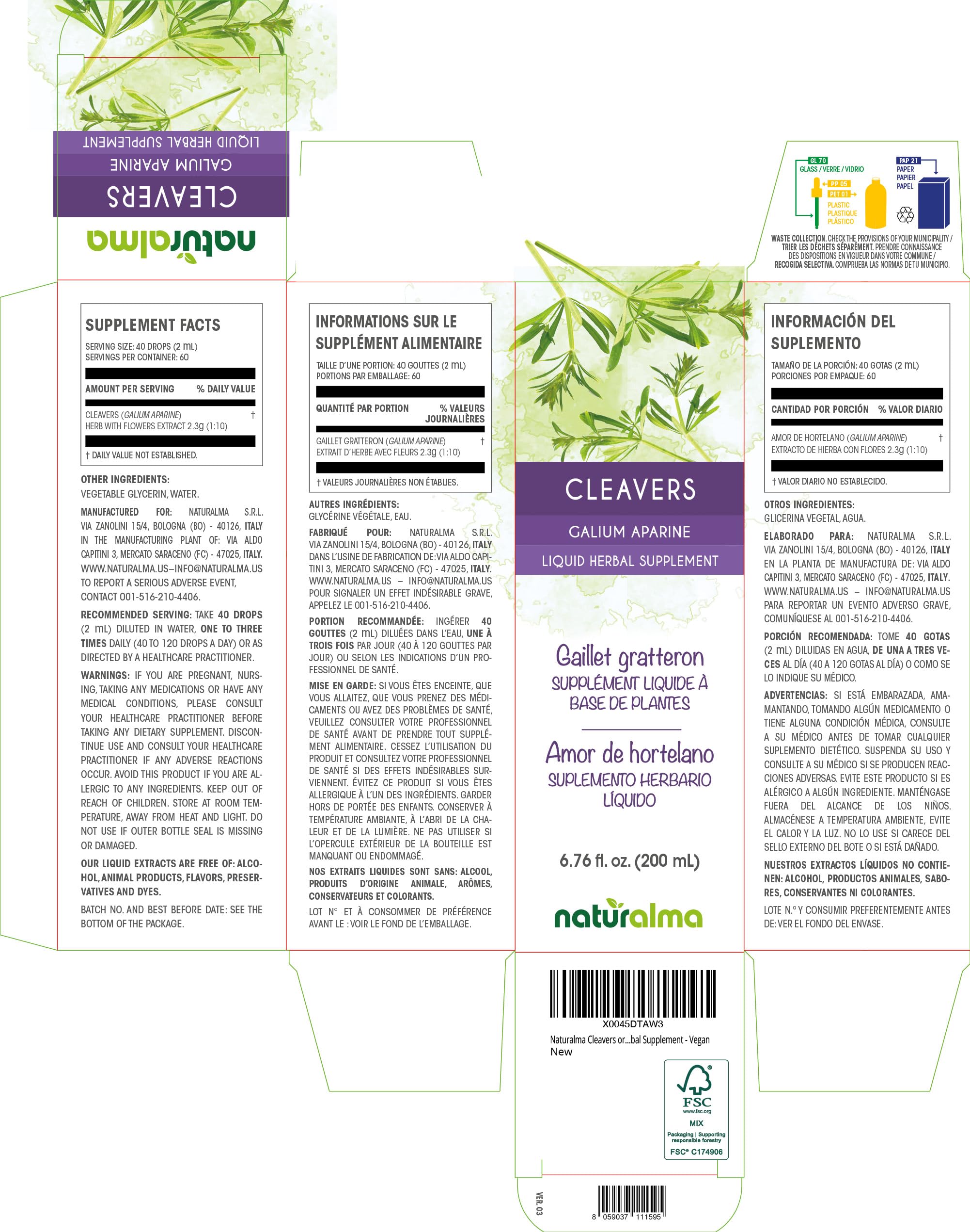 Naturalma Cleavers (Galium aparine) Alcohol-Free Tincture – 6.76 fl oz, Vegan