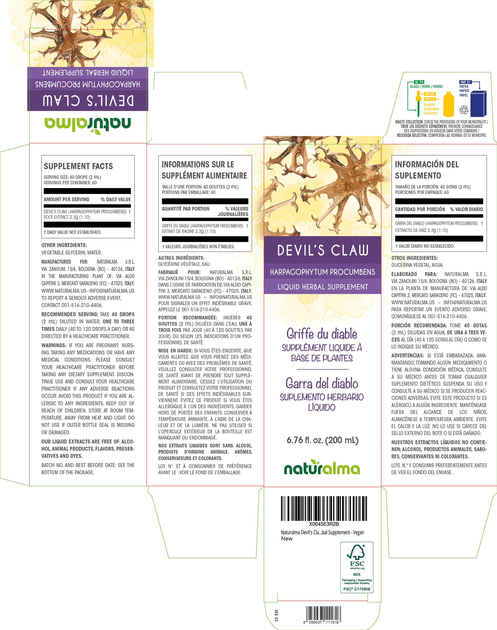 Naturalma Devil's Claw Tincture (Harpagophytum procumbens) - Alcohol-Free Drops, 6.76 fl oz | Vegan