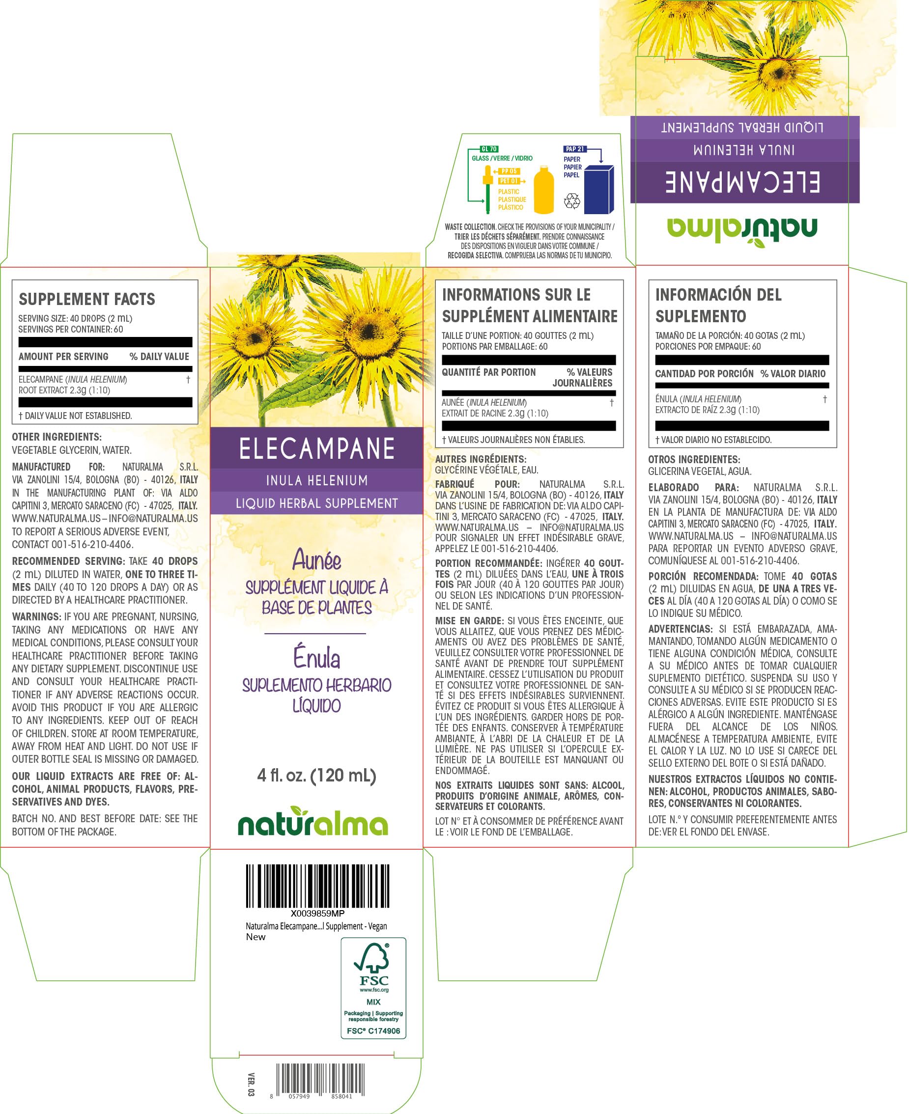 Naturalma Elecampane Root Tincture (Inula helenium) – Alcohol-Free, 4 fl oz, Vegan