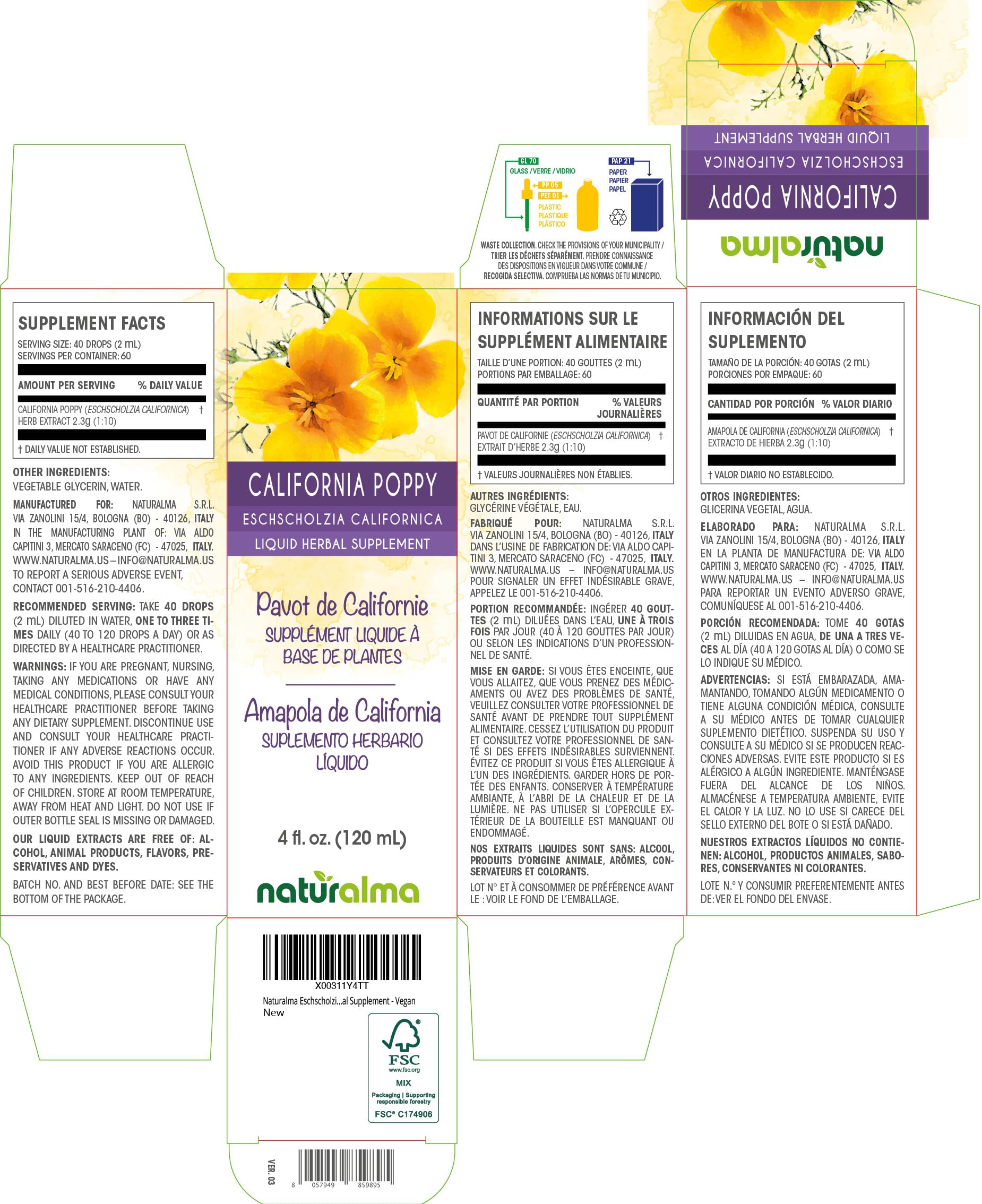 Naturalma Eschscholzia Alcohol-Free Tincture – 4 fl oz Drops | Vegan
