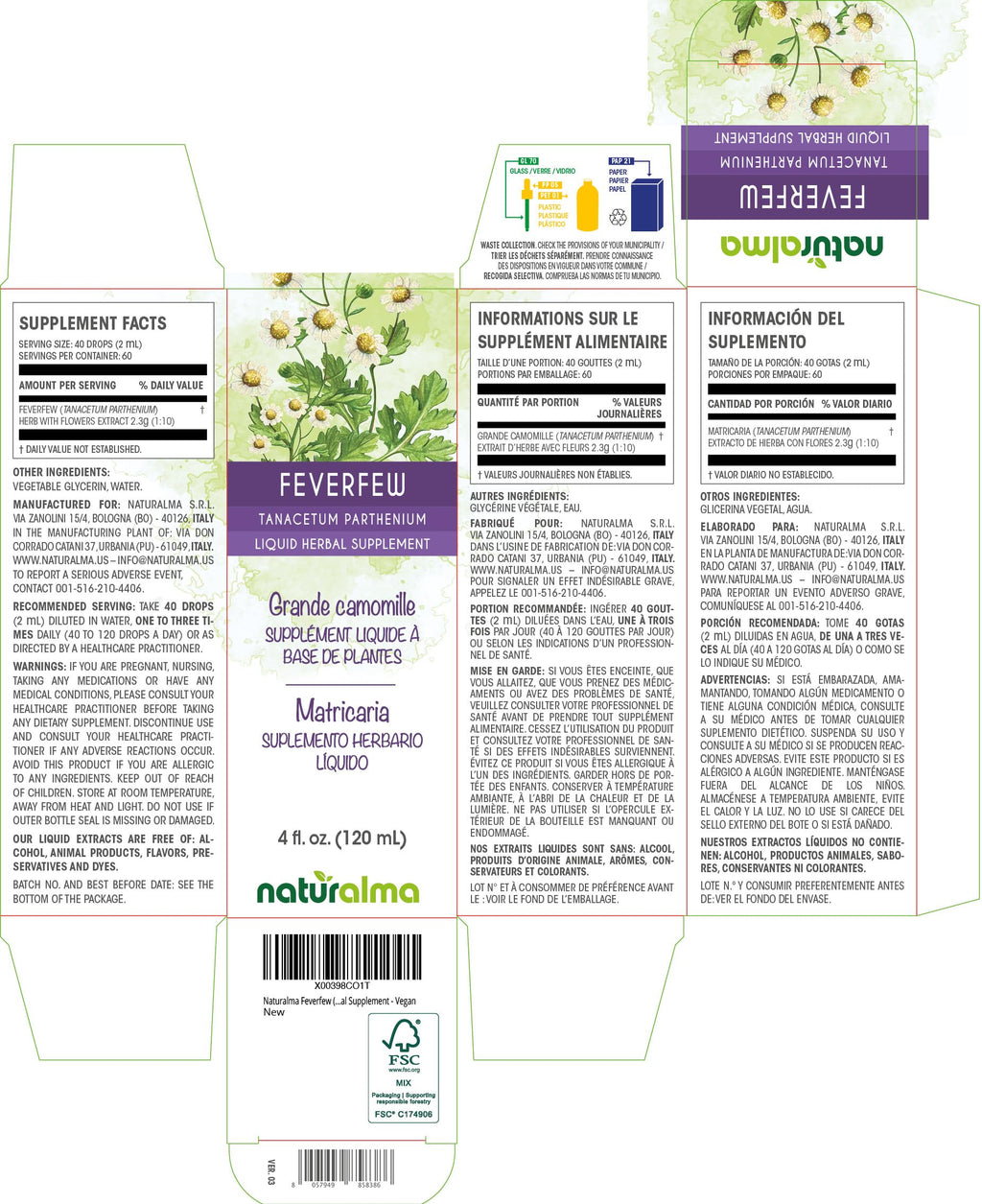 Naturalma Feverfew Herbal Tincture (Tanacetum parthenium) - Alcohol-Free Drops, 4 fl oz | Vegan