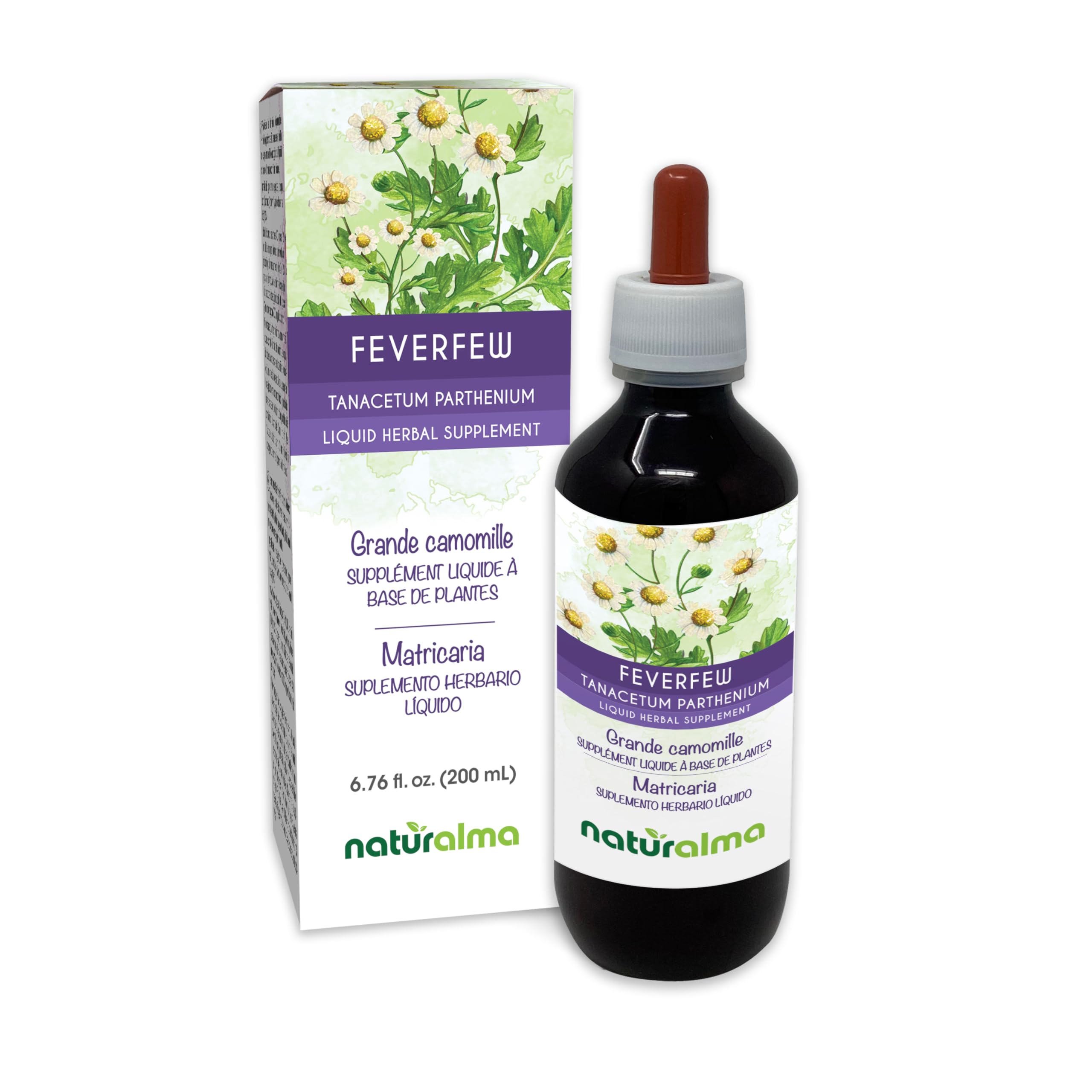 Naturalma Feverfew (Tanacetum parthenium) herb with Flowers Alcohol-Free Tincture - 6.76 fl oz Liquid Extract in Drops - Herbal Supplement - Vegan