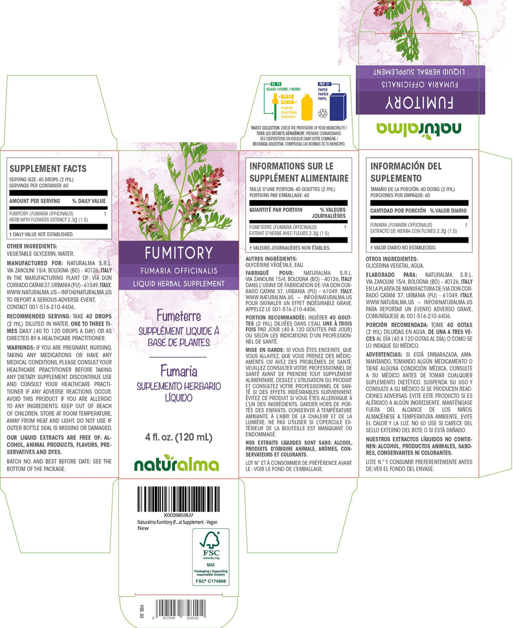 Naturalma Fumitory (Fumaria officinalis) Alcohol-Free Tincture - 4 fl oz Drops - Vegan Herbal Supplement