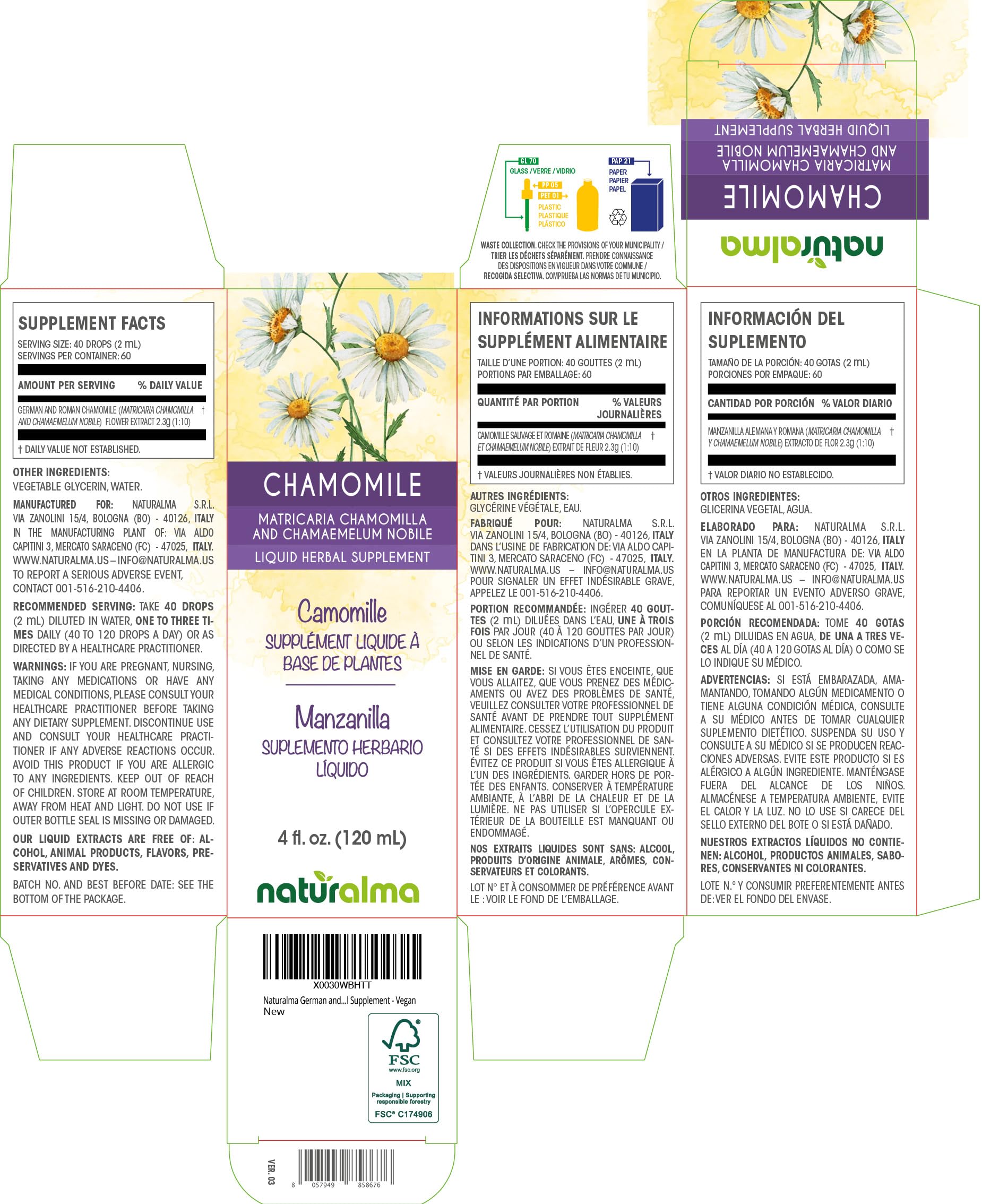 Naturalma German & Roman Chamomile Tincture - Alcohol-Free, Vegan (4 fl oz)