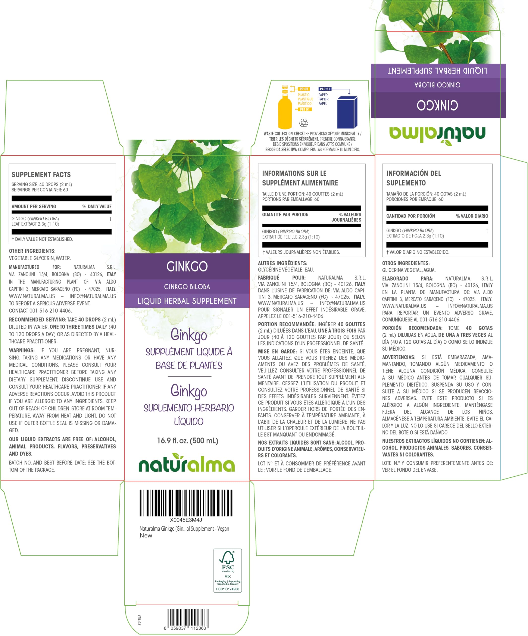 Naturalma Ginkgo Biloba Alcohol-Free Tincture — 16.9 fl oz Liquid Extract (Vegan)