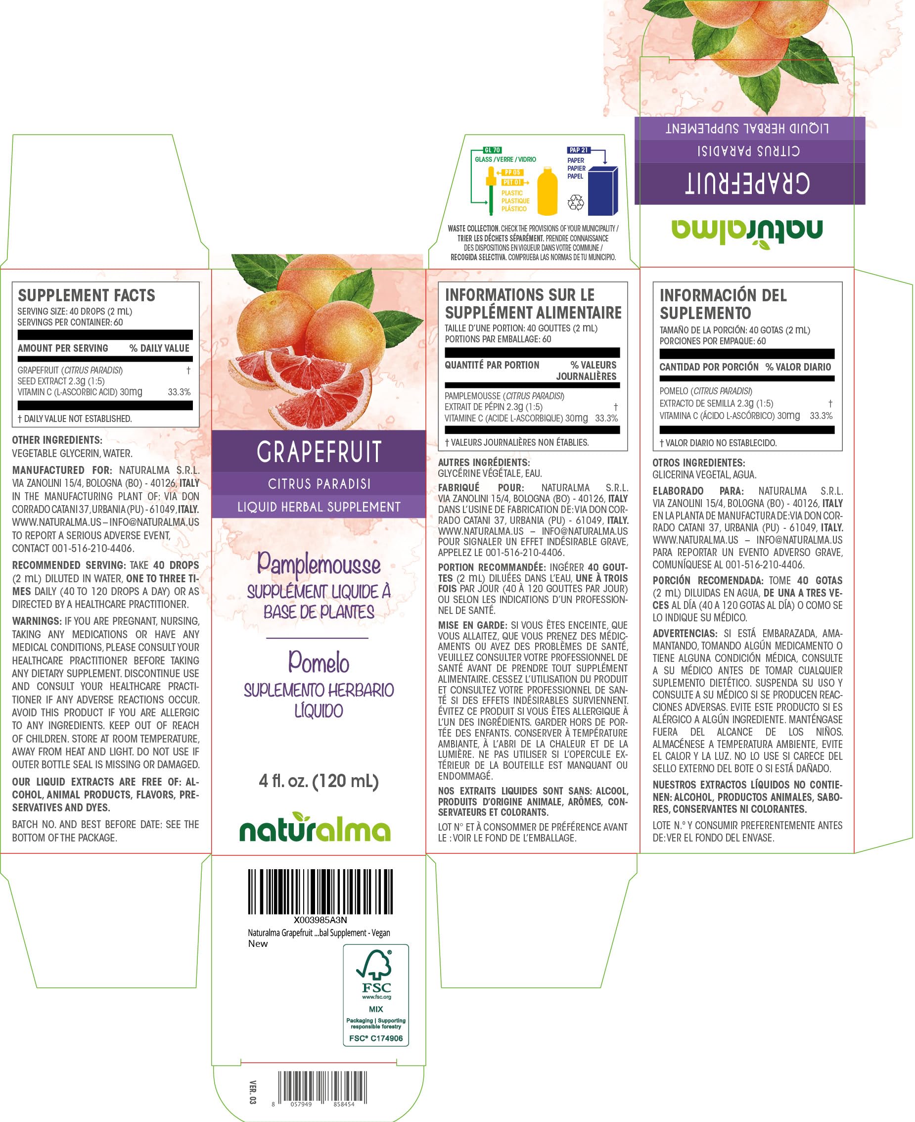Naturalma Grapefruit Seed Tincture (Citrus paradisi) - Alcohol-Free, Vitamin C, 4 oz | Vegan
