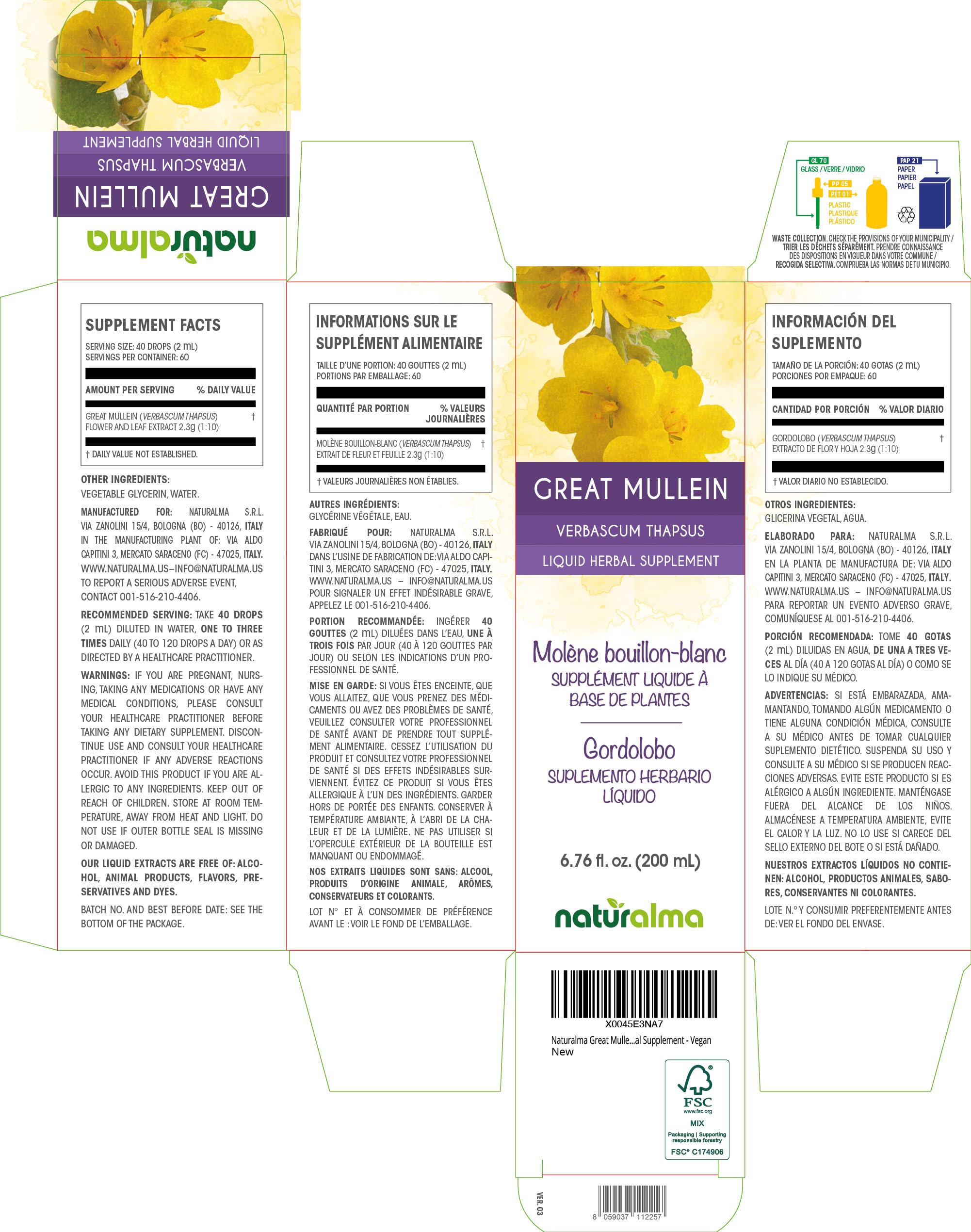 Naturalma Great Mullein Tincture 1:10 Alcohol-Free - 6.76 fl oz - Vegan