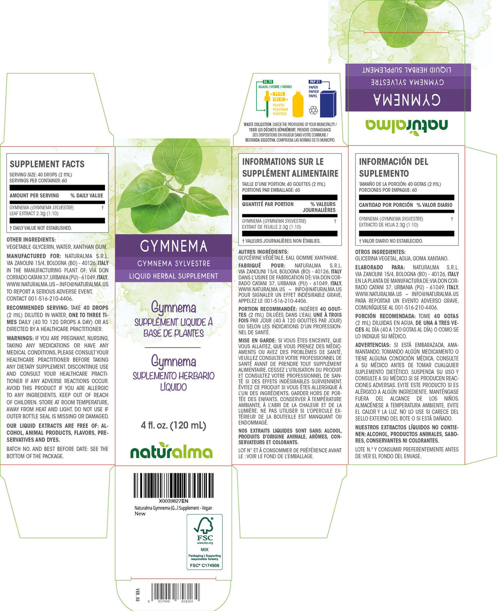 Naturalma Gymnema Leaf Tincture 4 oz | Alcohol-Free Vegan Extract