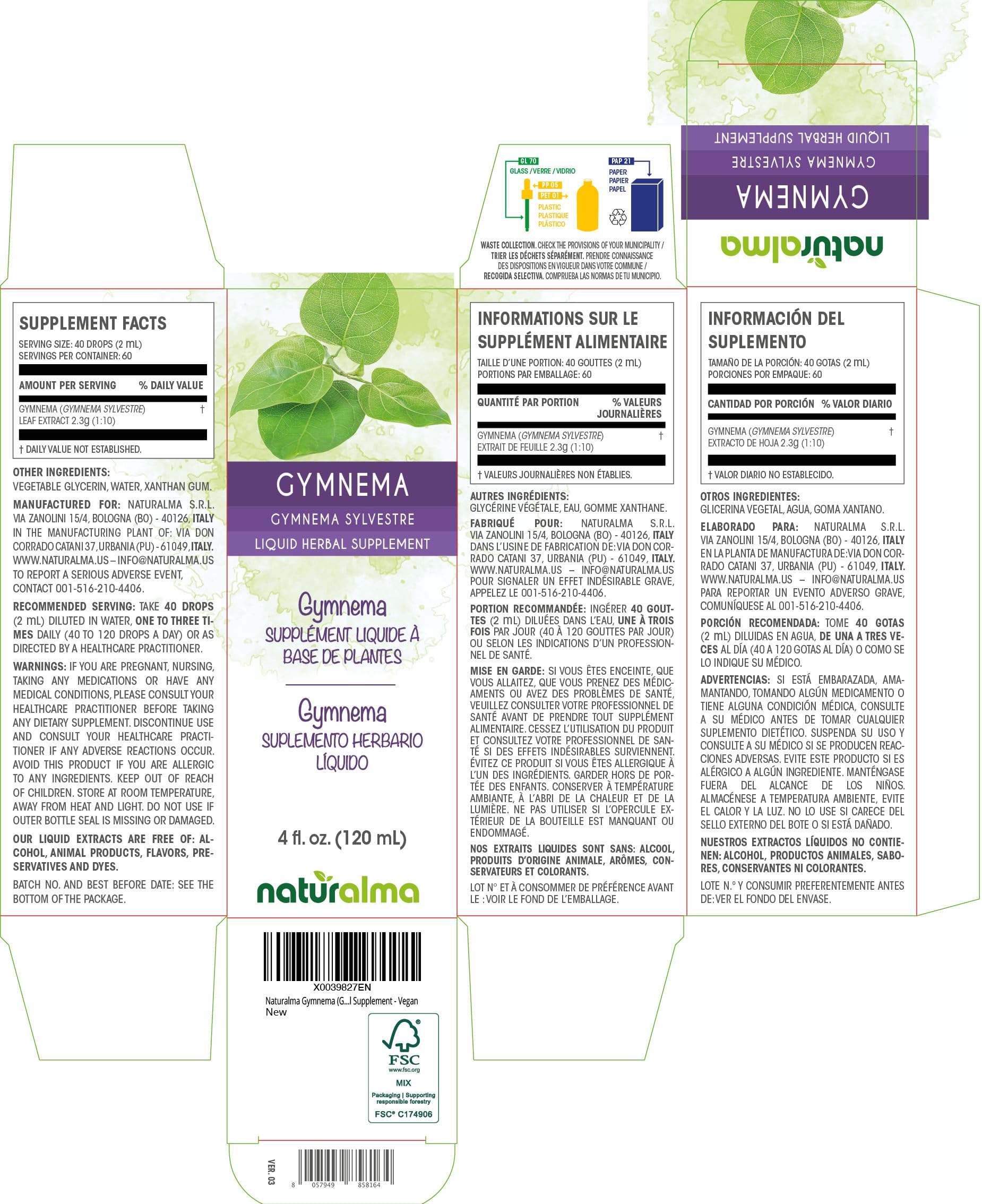 Naturalma Gymnema Leaf Tincture 4 oz | Alcohol-Free Vegan Extract
