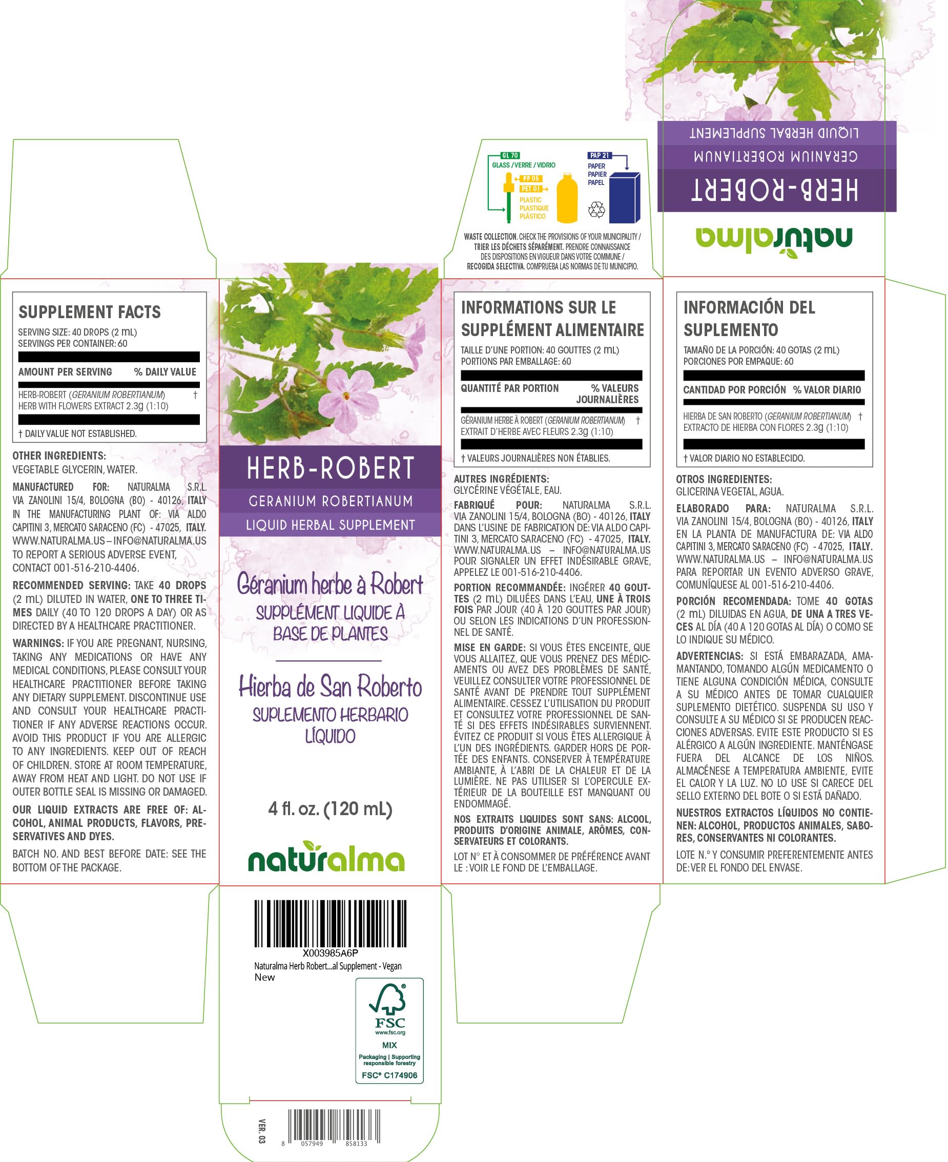 Naturalma Herb Robert Tincture 4 fl oz – Alcohol-Free, Vegan Drops