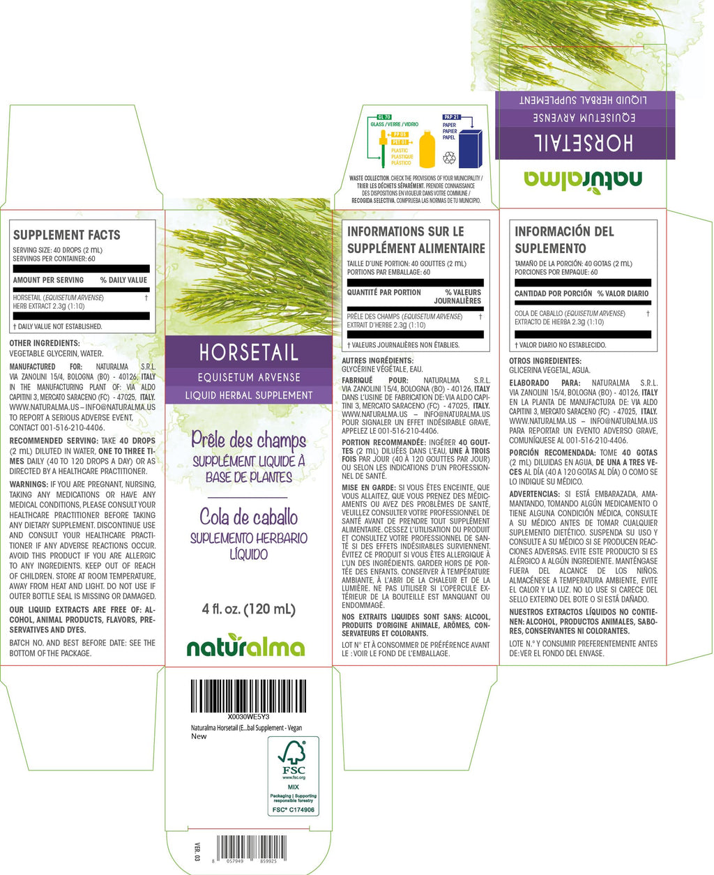 Naturalma Horsetail Tincture (Equisetum arvense) – Alcohol-Free Drops, 4 oz – Vegan Herbal Supplement