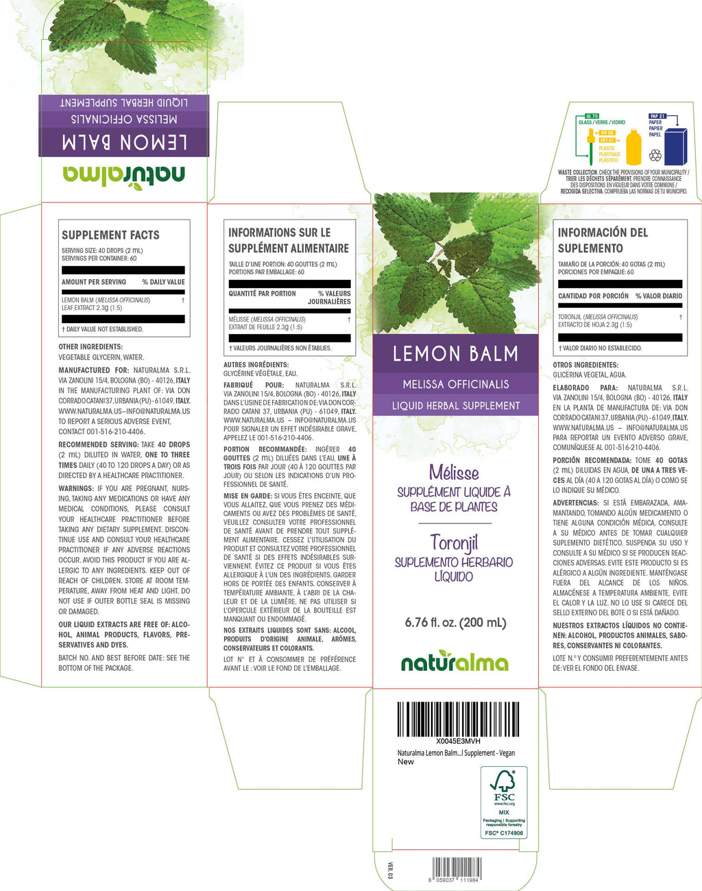 Naturalma Lemon Balm Leaf Tincture – Alcohol-Free 6.76 fl oz (Drops) – Vegan
