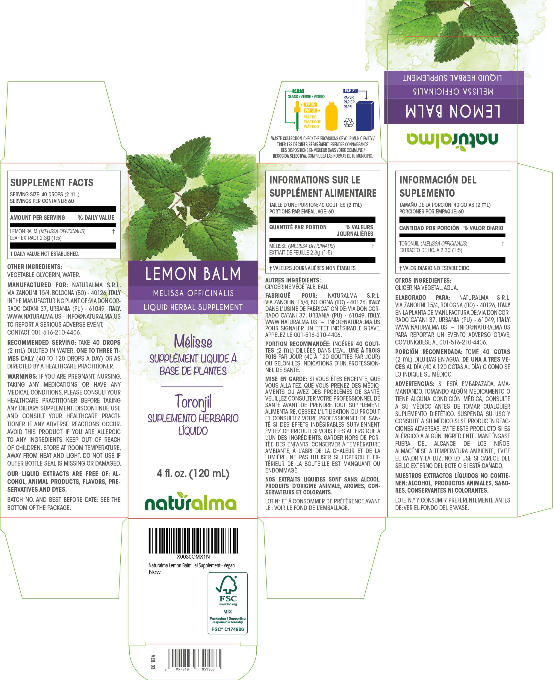 Naturalma Lemon Balm Tincture – Alcohol-Free Liquid Extract (4 fl oz) | Vegan Melissa officinalis