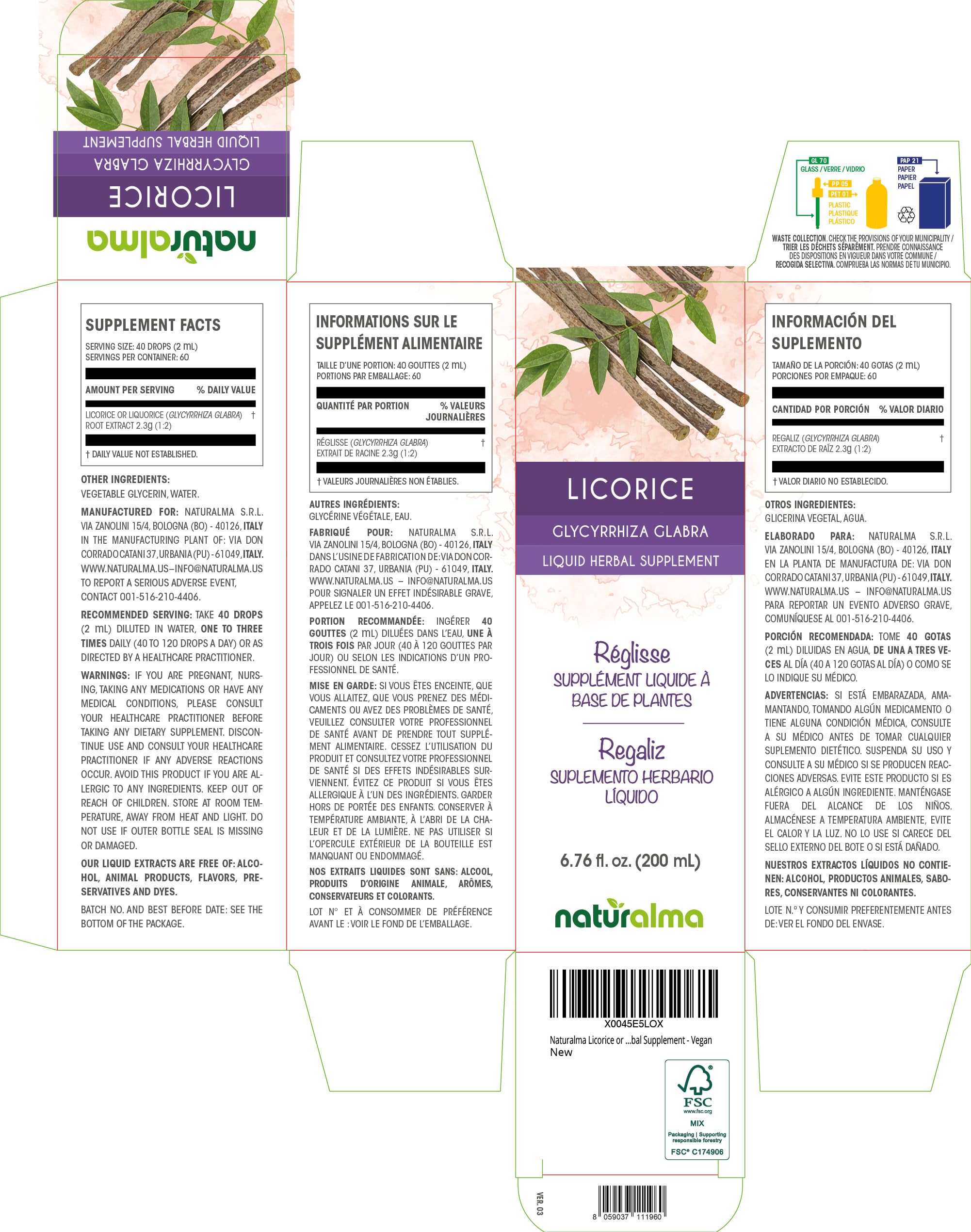 Naturalma Licorice Root Tincture (Glycyrrhiza glabra) – Alcohol-Free Drops, 6.76 fl oz – Vegan