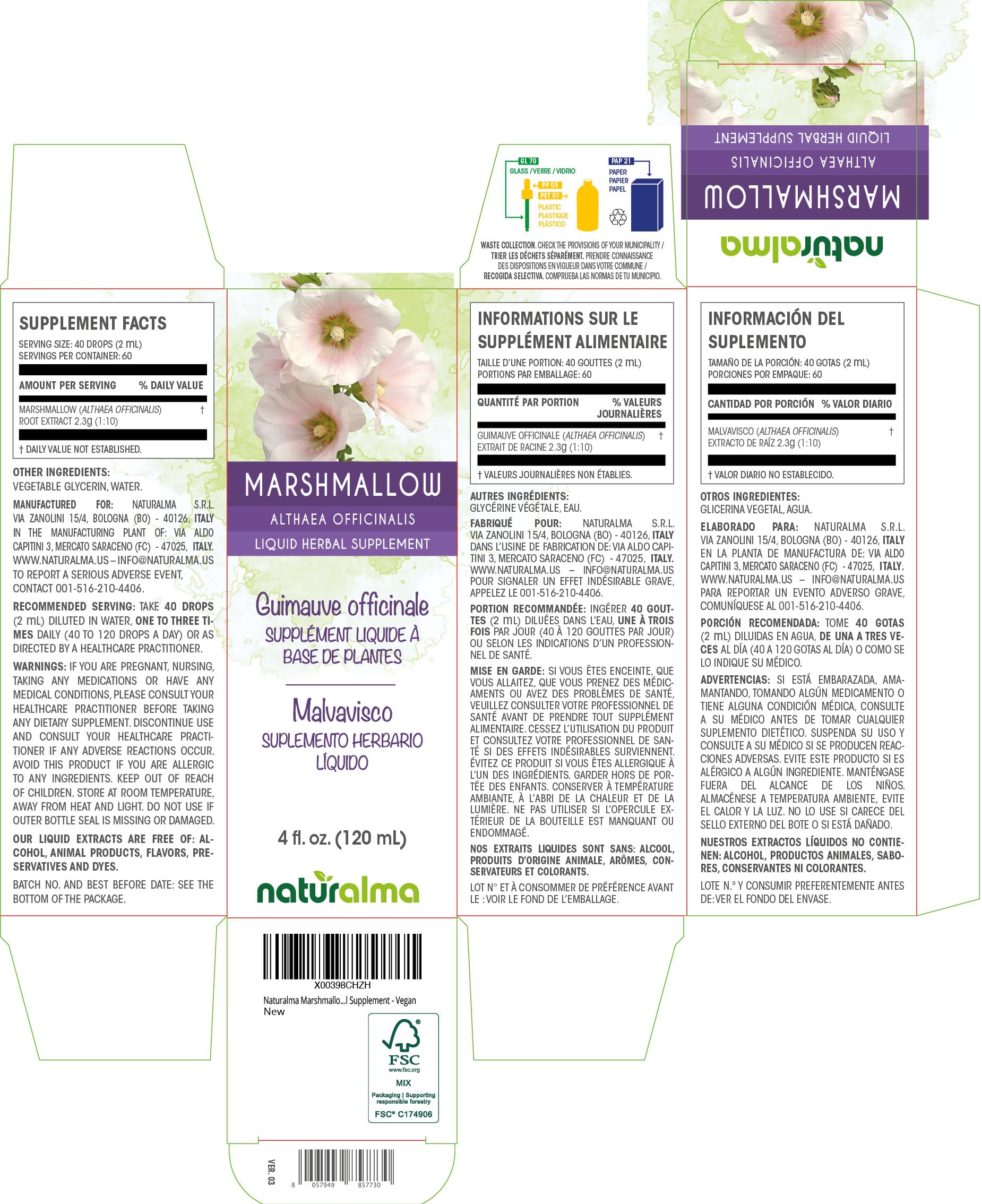Naturalma Marshmallow Root Tincture (Alcohol-Free) – 4 fl oz Drops – Vegan Herbal Supplement