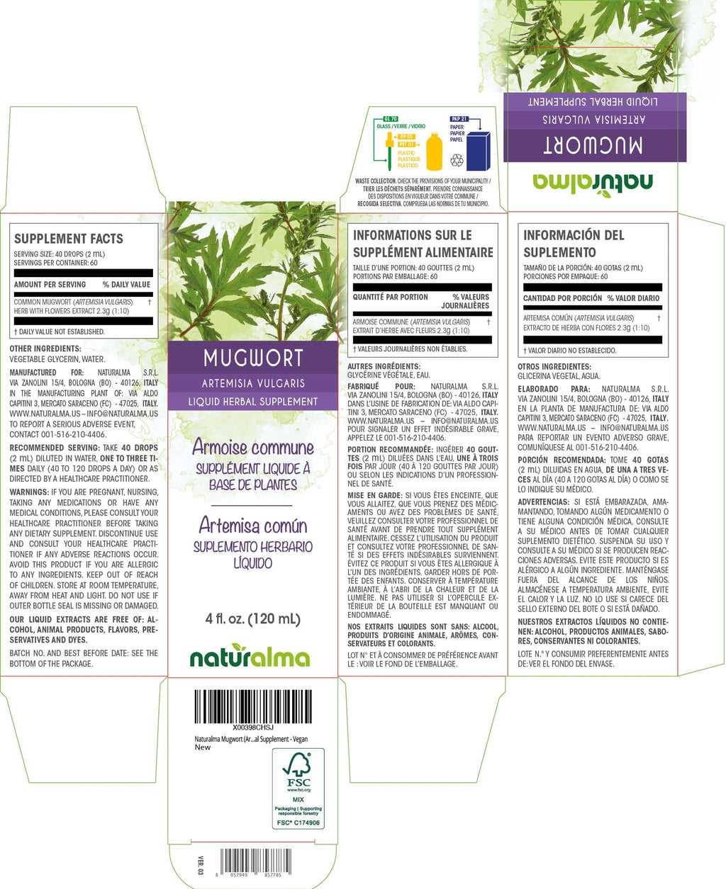 Naturalma Mugwort Tincture 4 oz – Alcohol-Free Drops, Vegan Herbal Supplement