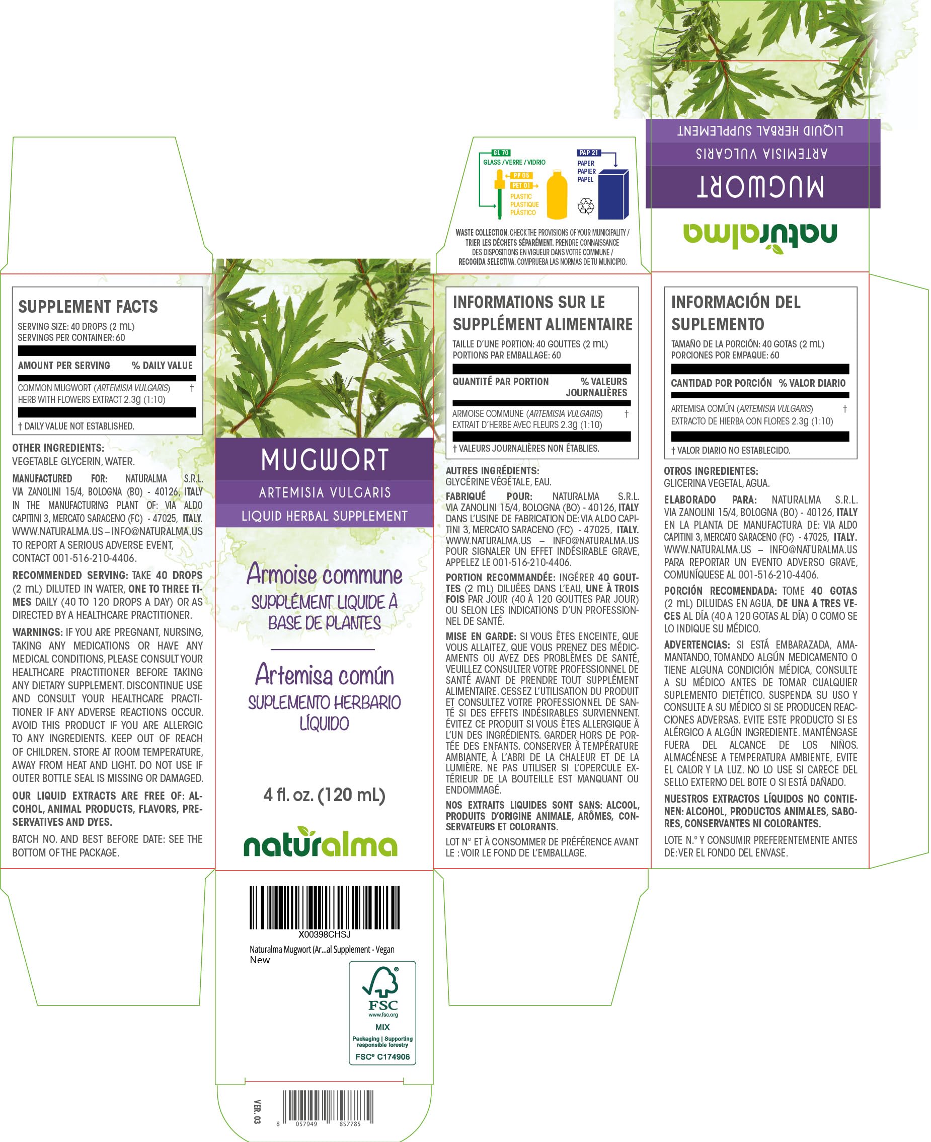 Naturalma Mugwort Tincture 4 oz – Alcohol-Free Drops, Vegan Herbal Supplement