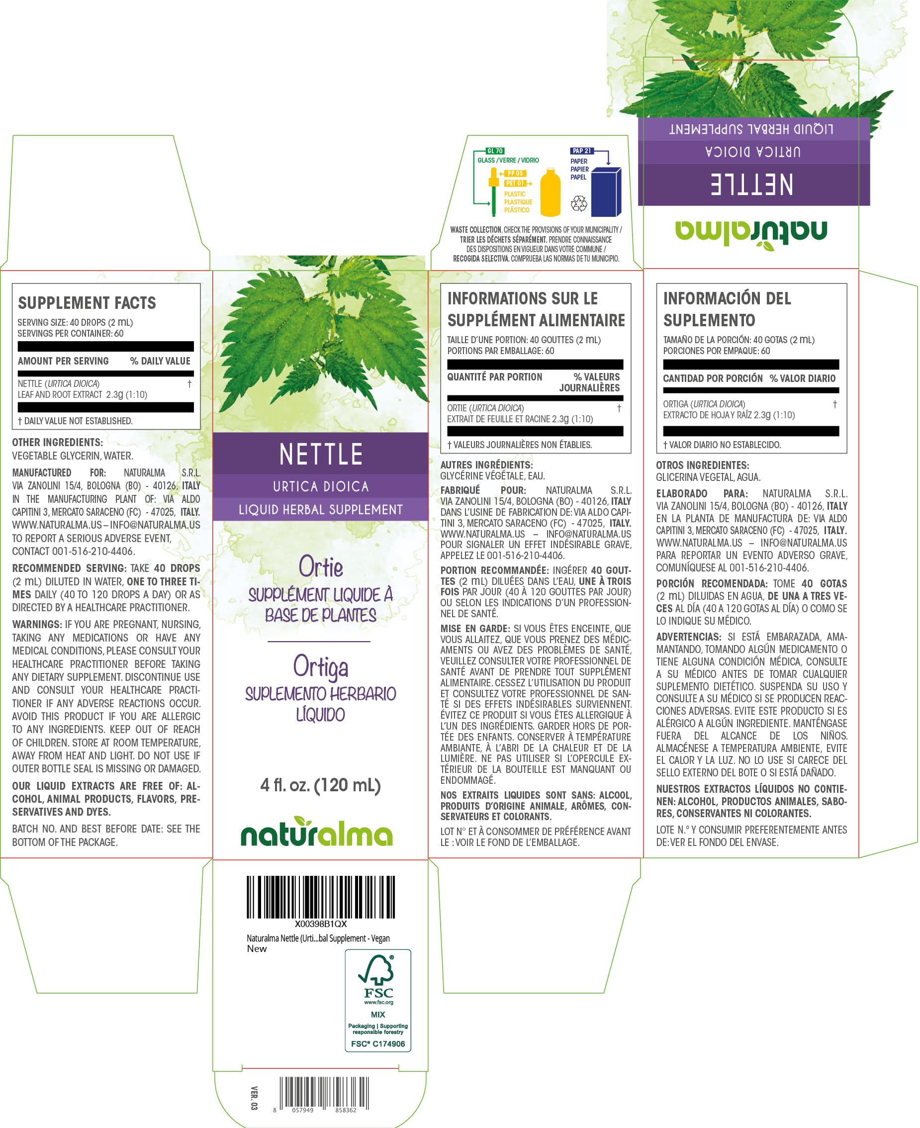 Naturalma Nettle Leaf and Root Alcohol-Free Tincture - 4 fl oz Drops | Vegan