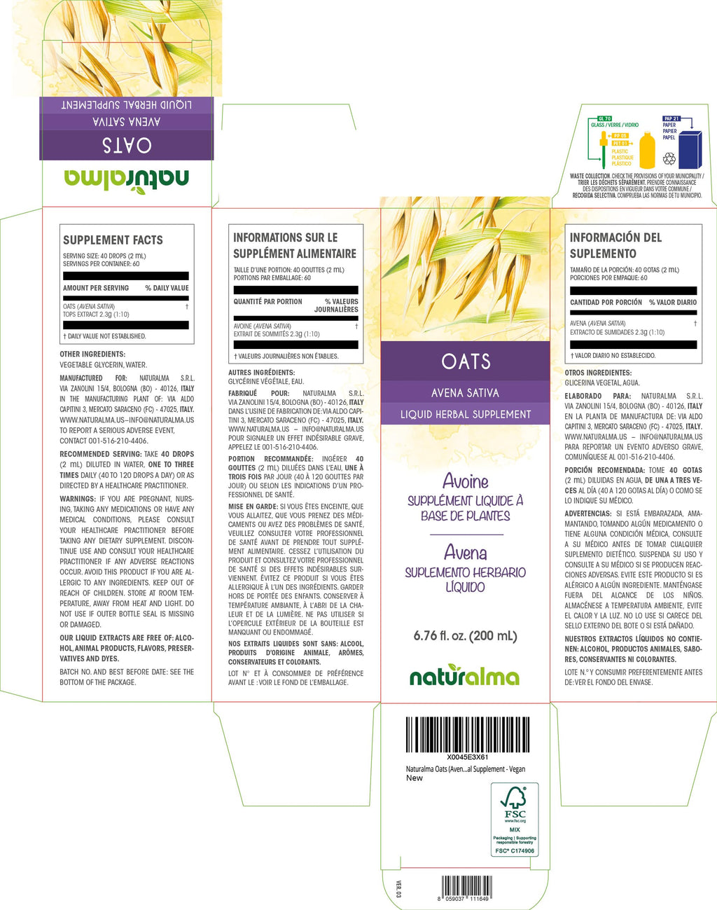 Naturalma Oats Tops Tincture (Avena Sativa) – Alcohol-Free Drops 6.76 fl oz | Vegan, Made in Italy