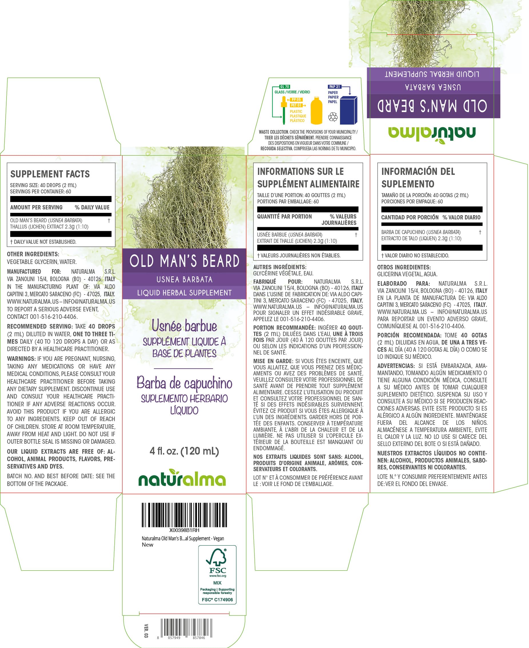 Naturalma Old Man's Beard Tincture (Usnea barbata) – Alcohol-Free, 4 fl oz, Vegan