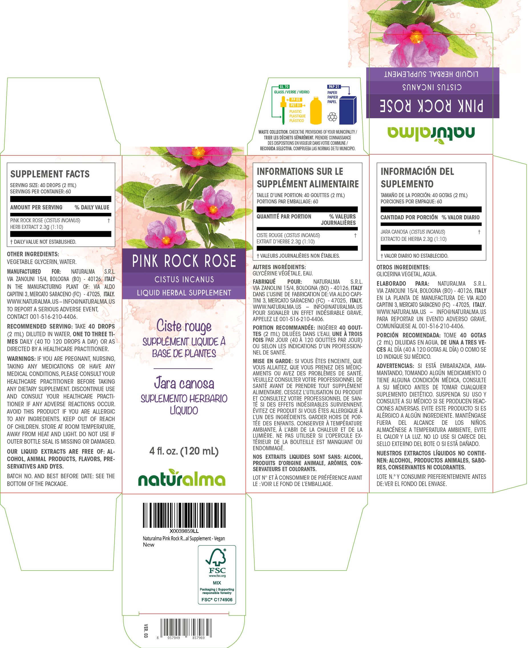 Naturalma Pink Rock Rose Tincture (Cistus incanus) – Alcohol-Free, 4 fl oz, Vegan