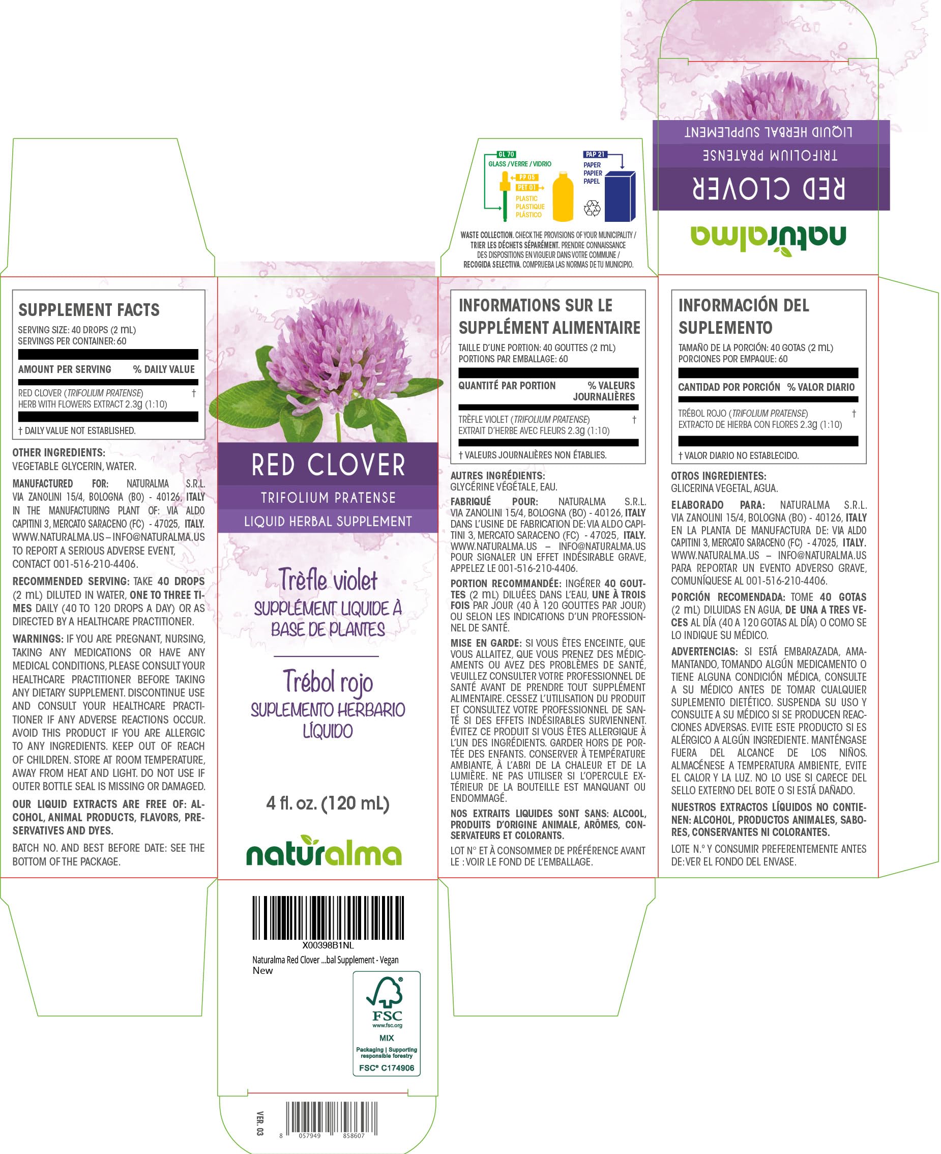 Naturalma Red Clover Tincture - Alcohol-Free, 4 fl oz Drops, Vegan
