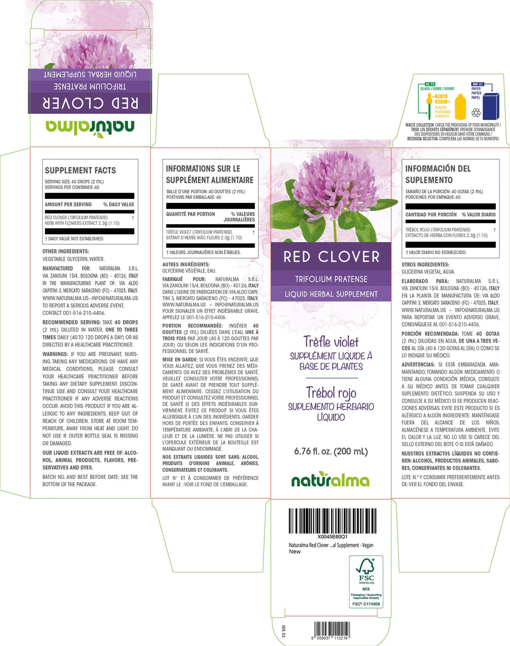Naturalma Red Clover Alcohol-Free Tincture (Trifolium pratense) – 6.76 fl oz – Vegan Herbal Supplement