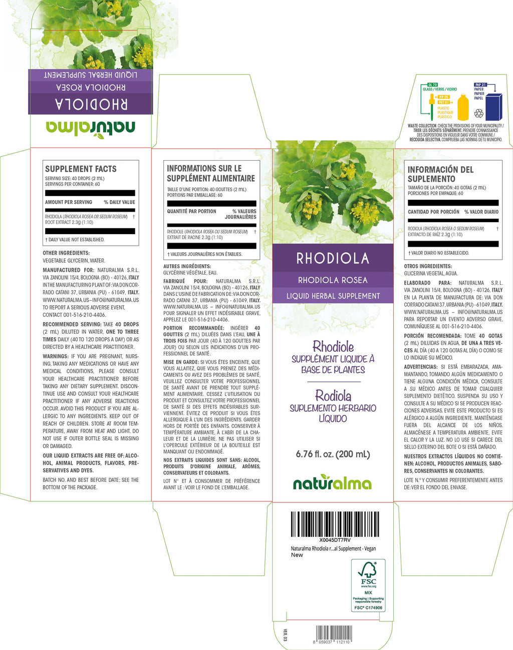 Naturalma Rhodiola Rosea Root Tincture – Alcohol-Free, 6.76 fl oz, Vegan
