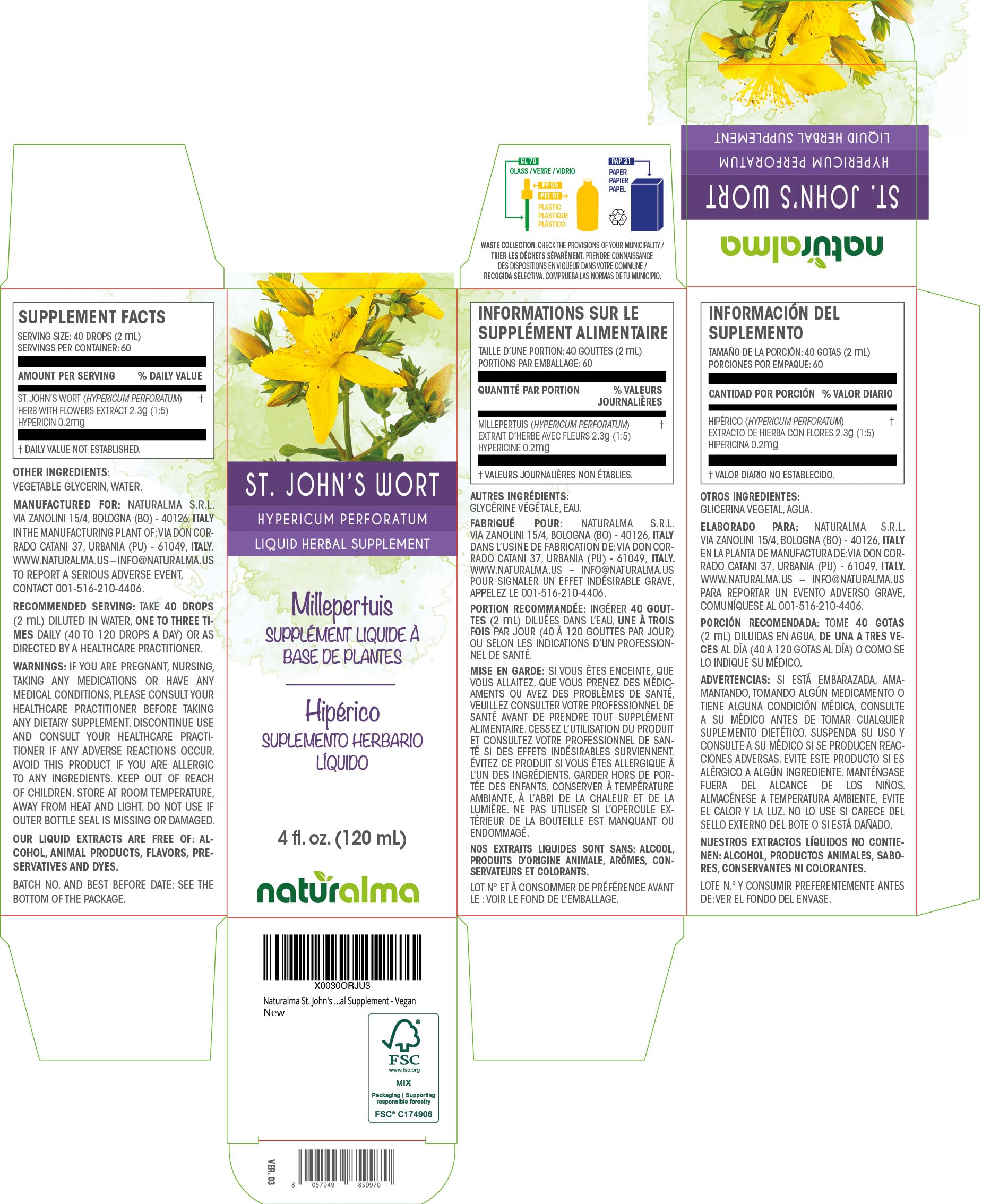 Naturalma St. John's Wort Alcohol-Free Tincture Drops 4 fl oz | Vegan Herbal Extract