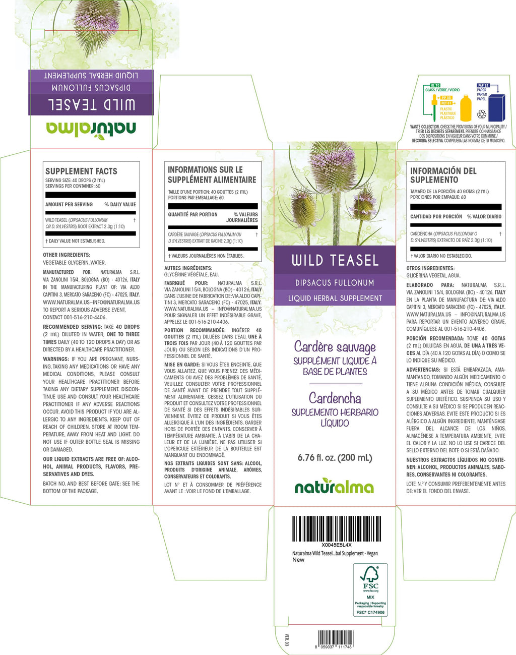 Naturalma Wild Teasel Root Tincture - Alcohol-Free (6.76 fl oz)