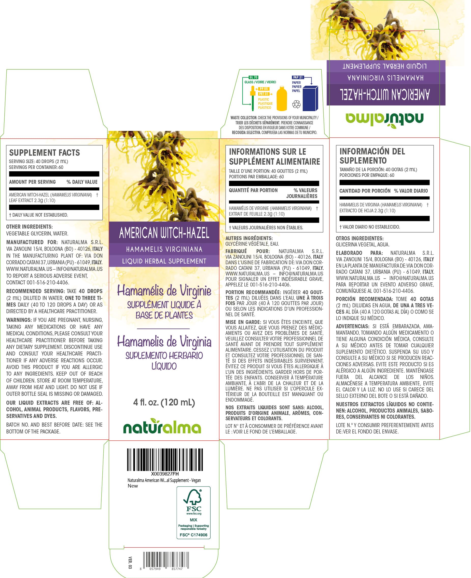 Naturalma Witch-Hazel Leaf Tincture 4 oz – Alcohol-Free, Vegan, Hamamelis virginiana