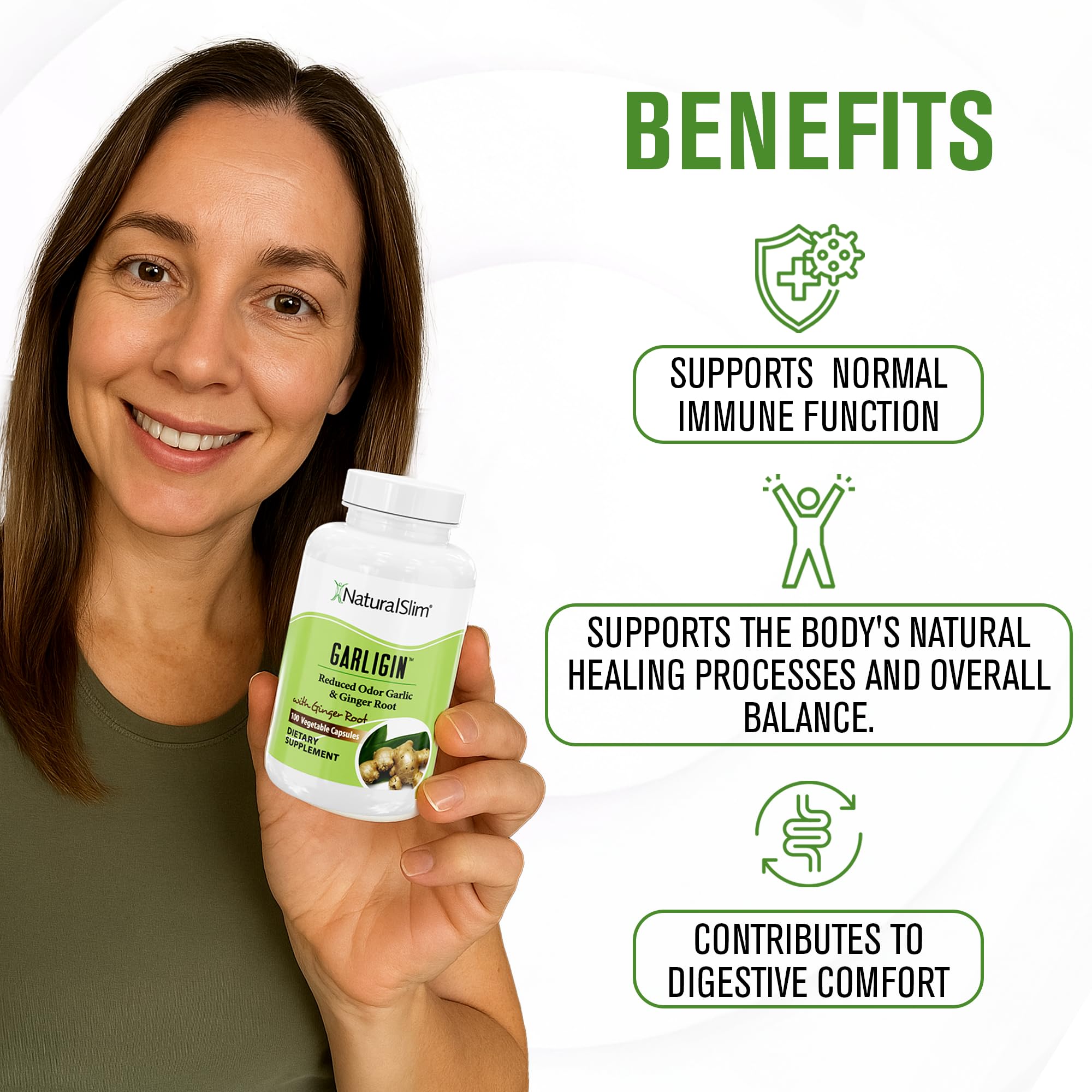 NaturalSlim Garligin Odorless Garlic with Ginger - Immune Support, Metabolism & Digestion - 100 Capsules