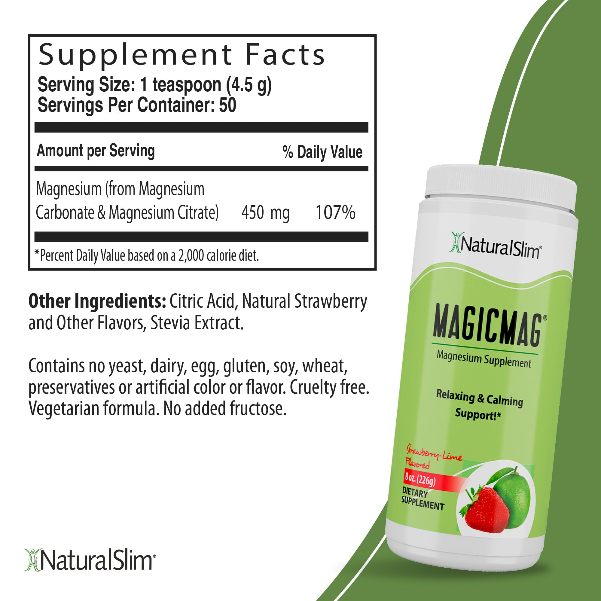 NaturalSlim MagicMag Magnesium Citrate Powder – Strawberry Lime Flavor, 8oz Drink Mix (3 Pack)