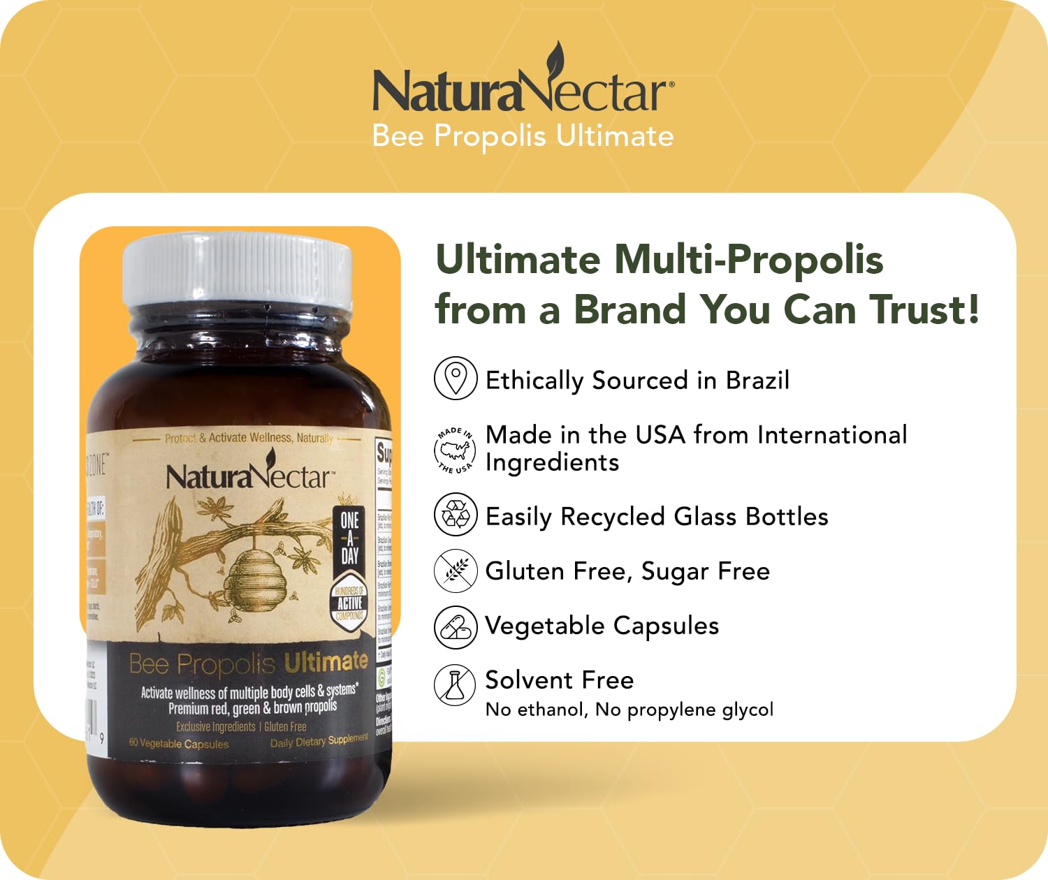 NaturaNectar Ultimate Bee Propolis Capsules - NSF Certified, Gluten-Free (60pcs)