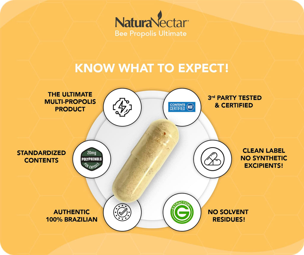 NaturaNectar Ultimate Bee Propolis Capsules - NSF Certified, Gluten-Free (60pcs)