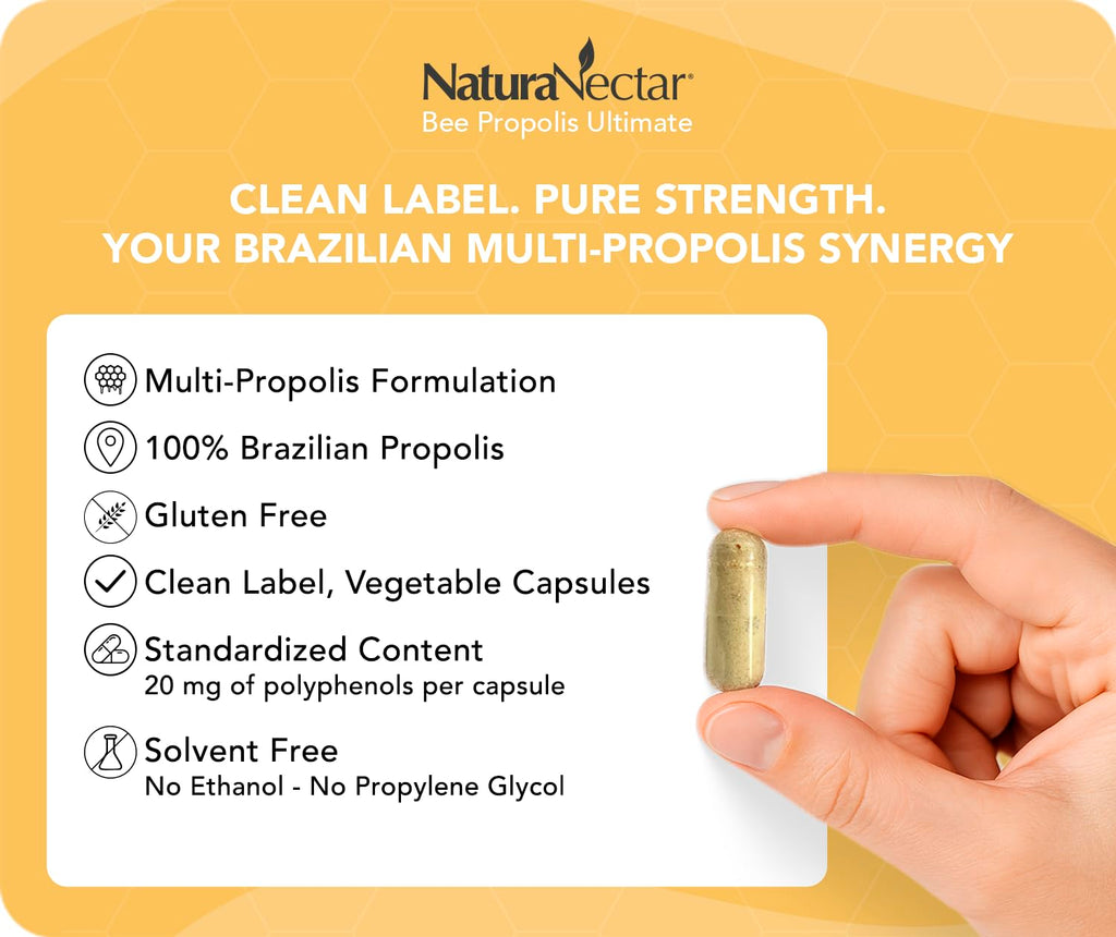 NaturaNectar Ultimate Bee Propolis Capsules - NSF Certified, Gluten-Free (60pcs)