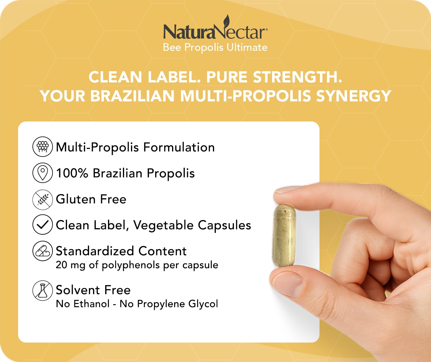 NaturaNectar Ultimate Bee Propolis Capsules - NSF Certified, Gluten-Free (60pcs)