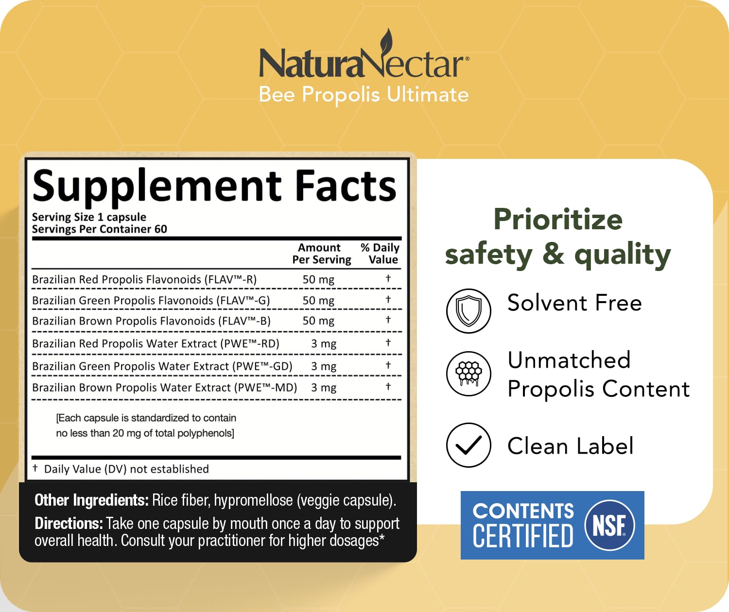 NaturaNectar Ultimate Bee Propolis Capsules - NSF Certified, Gluten-Free (60pcs)